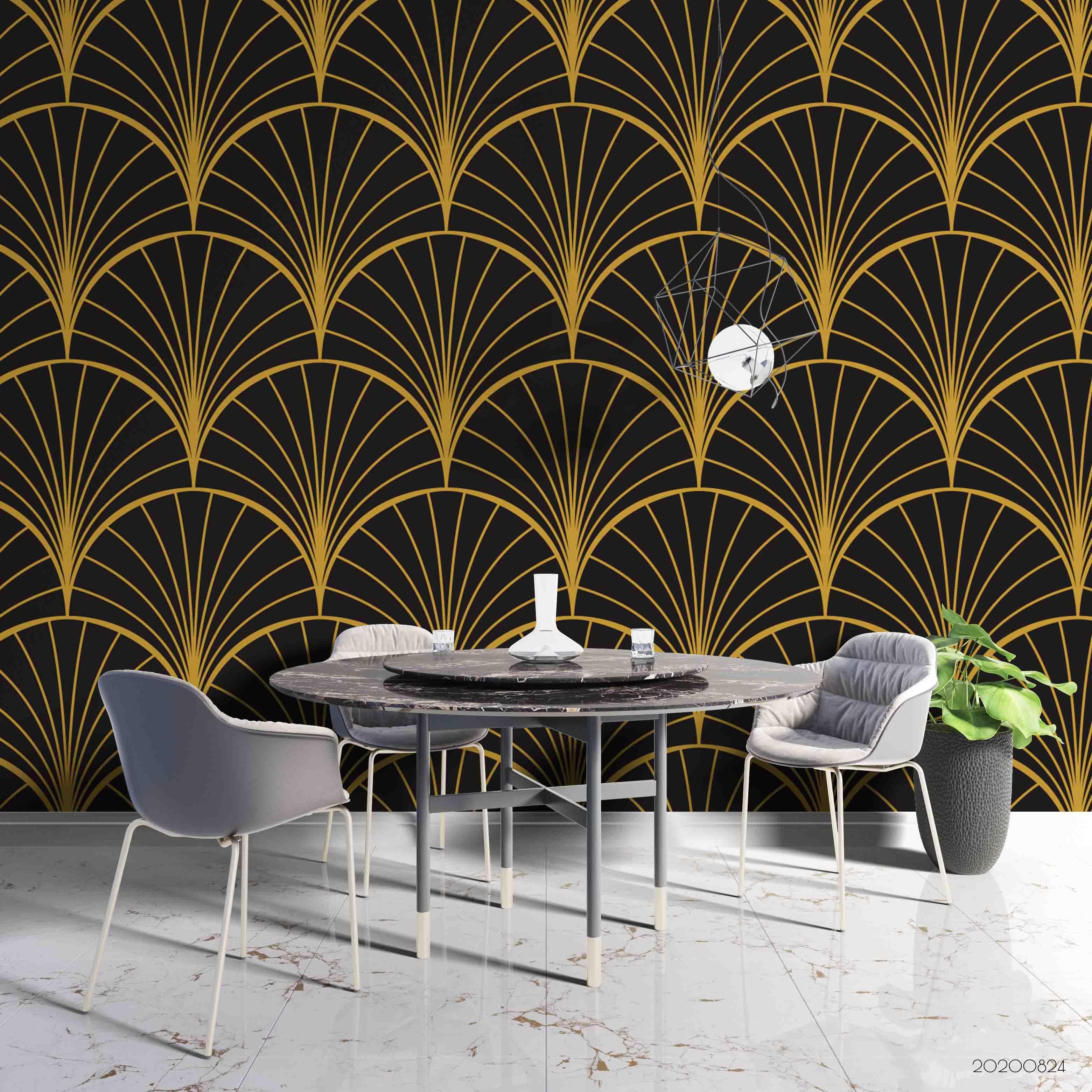 3D Black Golden Fan Geometry art deco fan geometric pattern wall mural wallpaper for dining room