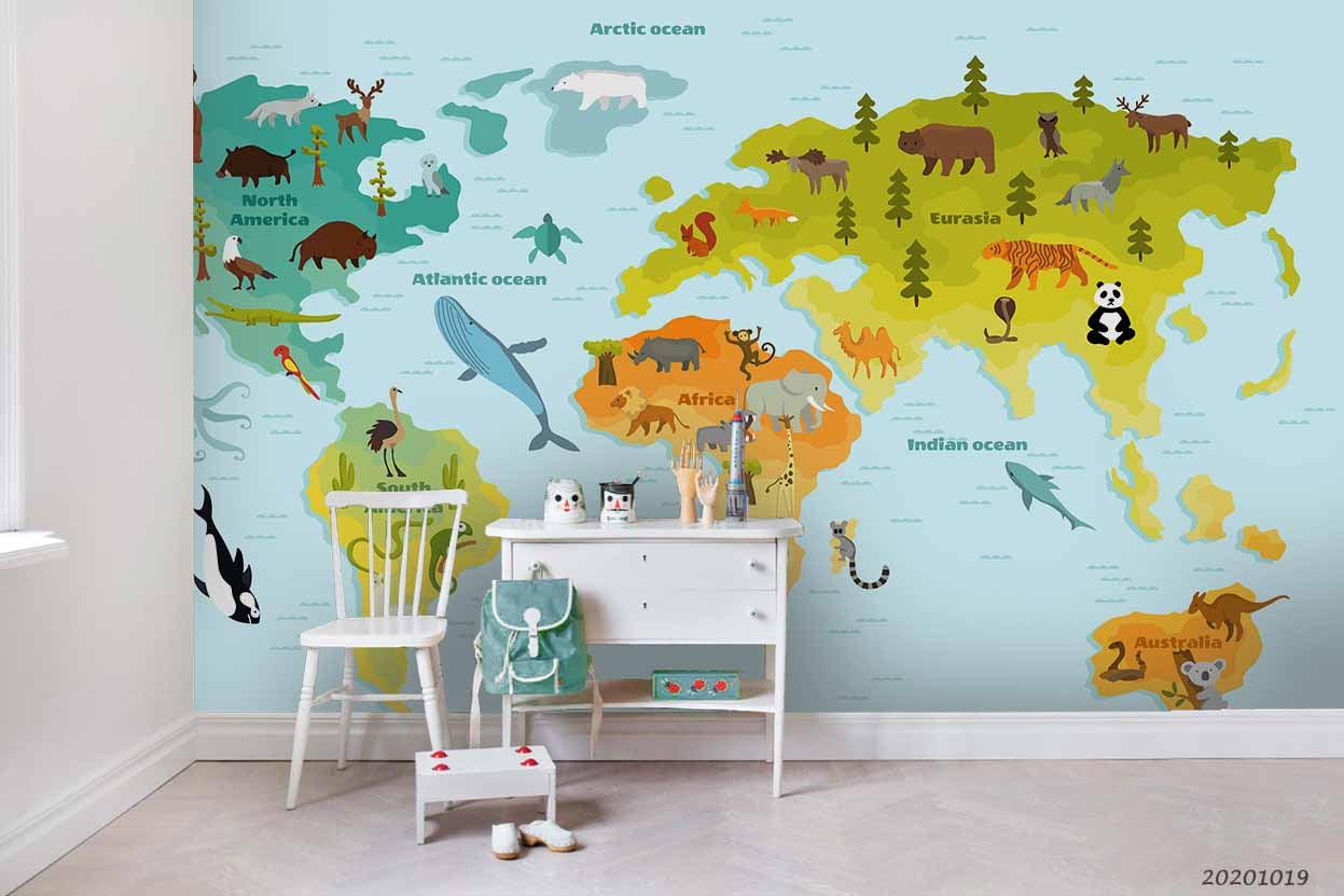 3D Cartoon Children Map Animal Wall Mural Wallpaper WJ 9431- Jess Art Decoration