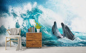 3D Blue Sea Waves Dolphin Wall Mural Wallpaper 145- Jess Art Decoration