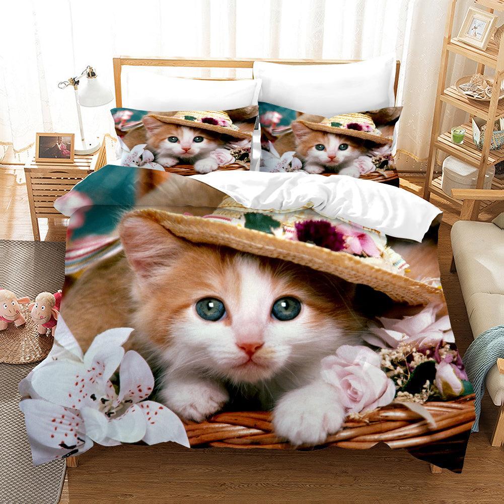 3D Cat Kitty Hat Flowers Quilt Cover Set Bedding Set Duvet Cover Pillowcases SF35- Jess Art Decoration