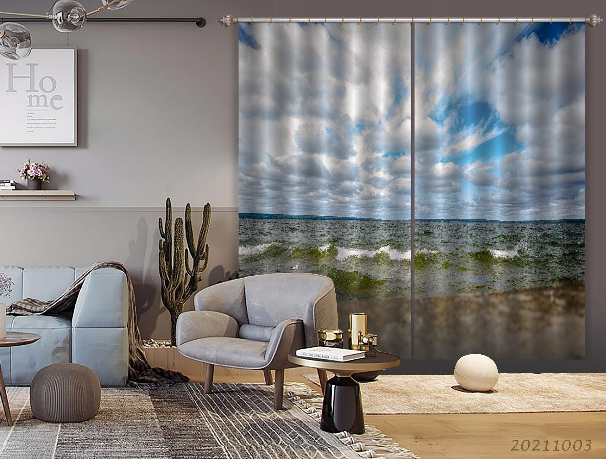 3D Blue Sky White Cloud Sea Landscape Curtains and Drapes LQH 200- Jess Art Decoration