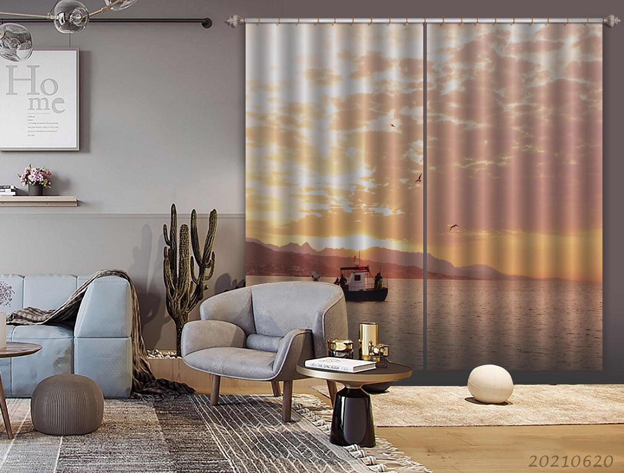 3D River Boat Mountain Golden Sky Cloud View Curtains and Drapes GD 892- Jess Art Decoration