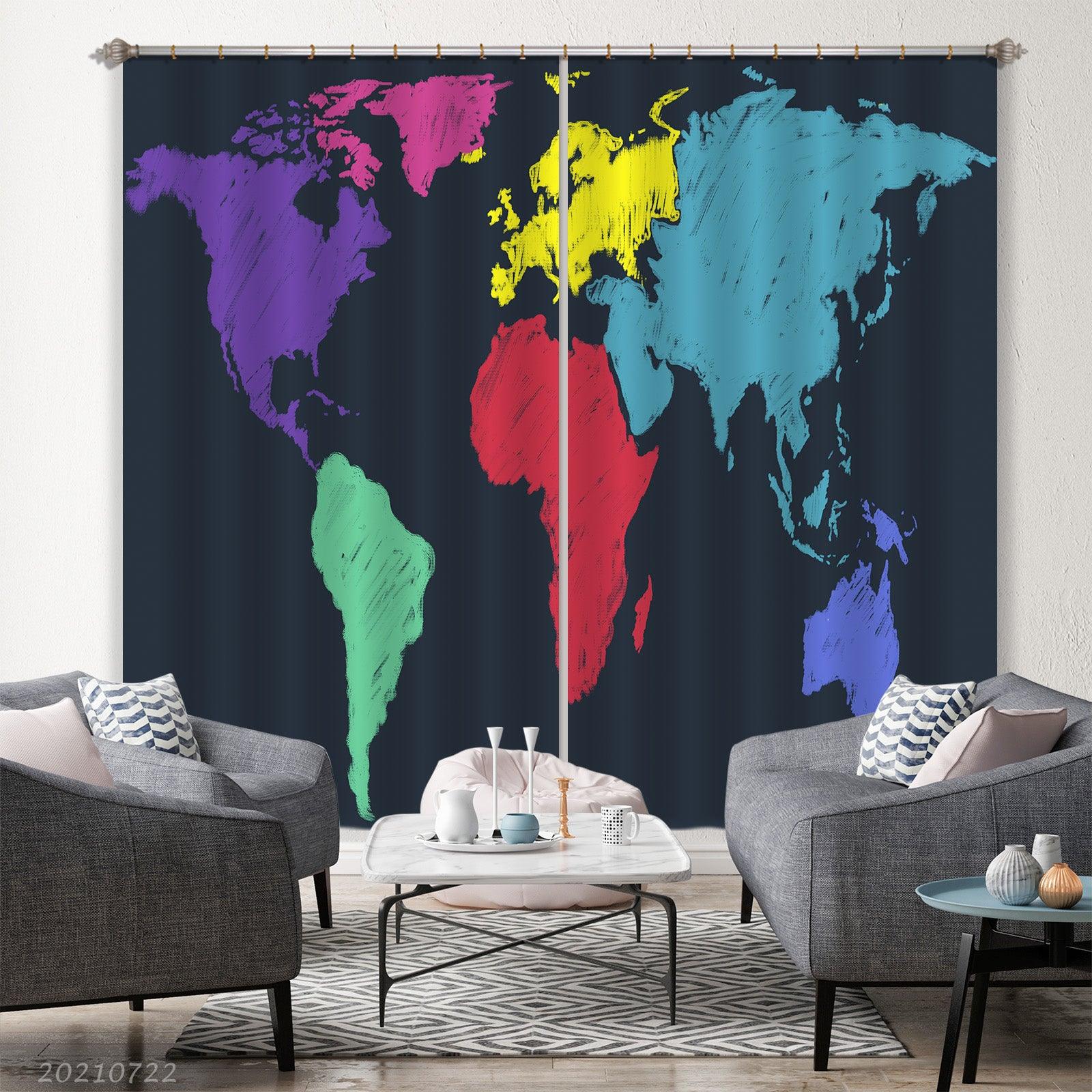 3D Color World Map Curtains and Drapes LQH 554- Jess Art Decoration