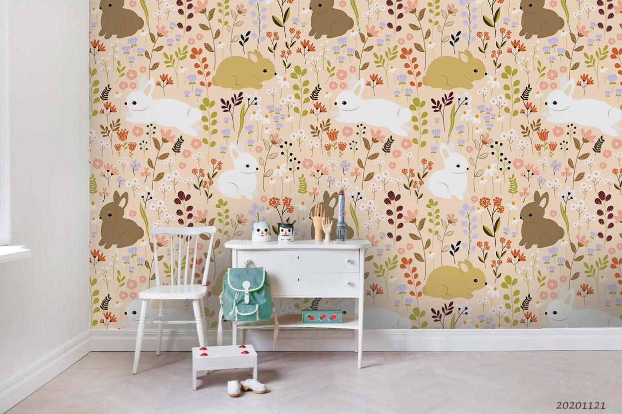 3D Cartoon Autumn Leaves Plant Bunny Animal Wall Mural Wallpaper LXL- Jess Art Decoration