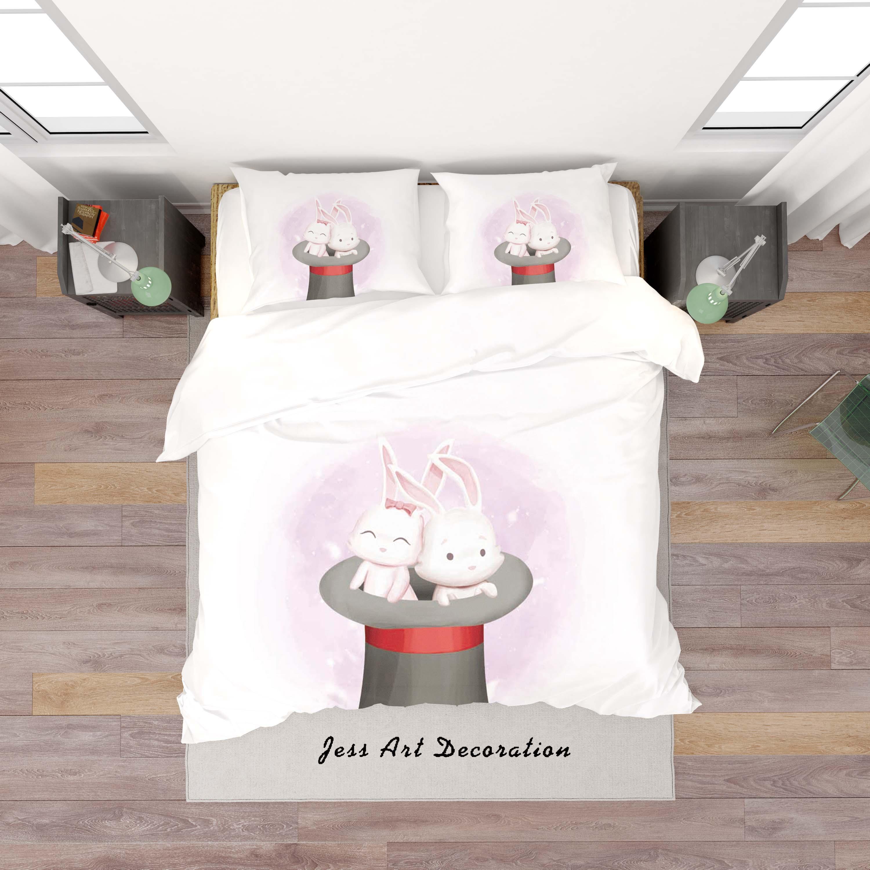 3D White Bowler Hat Rabbit Quilt Cover Set Bedding Set Duvet Cover Pillowcases SF61- Jess Art Decoration