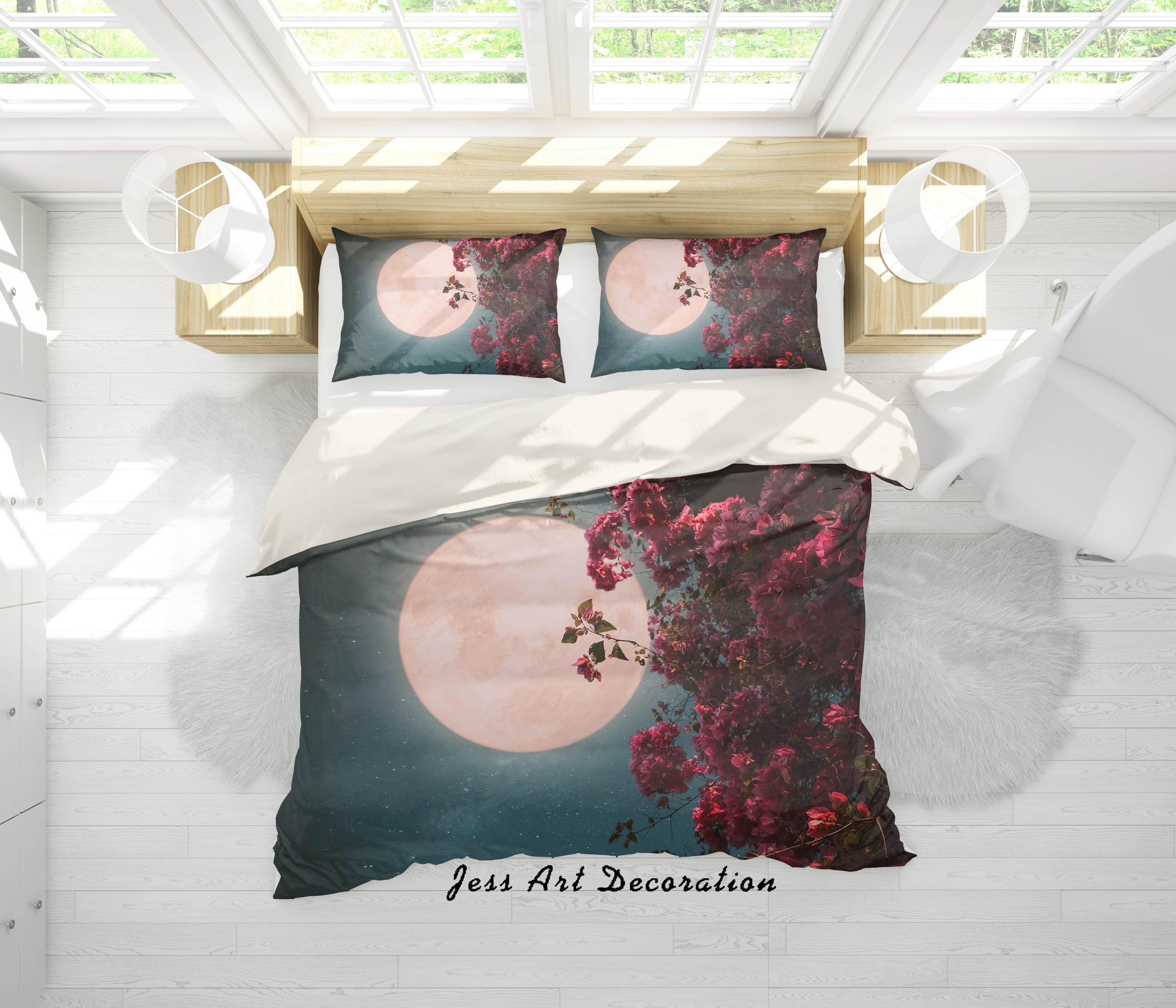 3D Moon Night Red Floral Quilt Cover Set Bedding Set Pillowcases 73- Jess Art Decoration