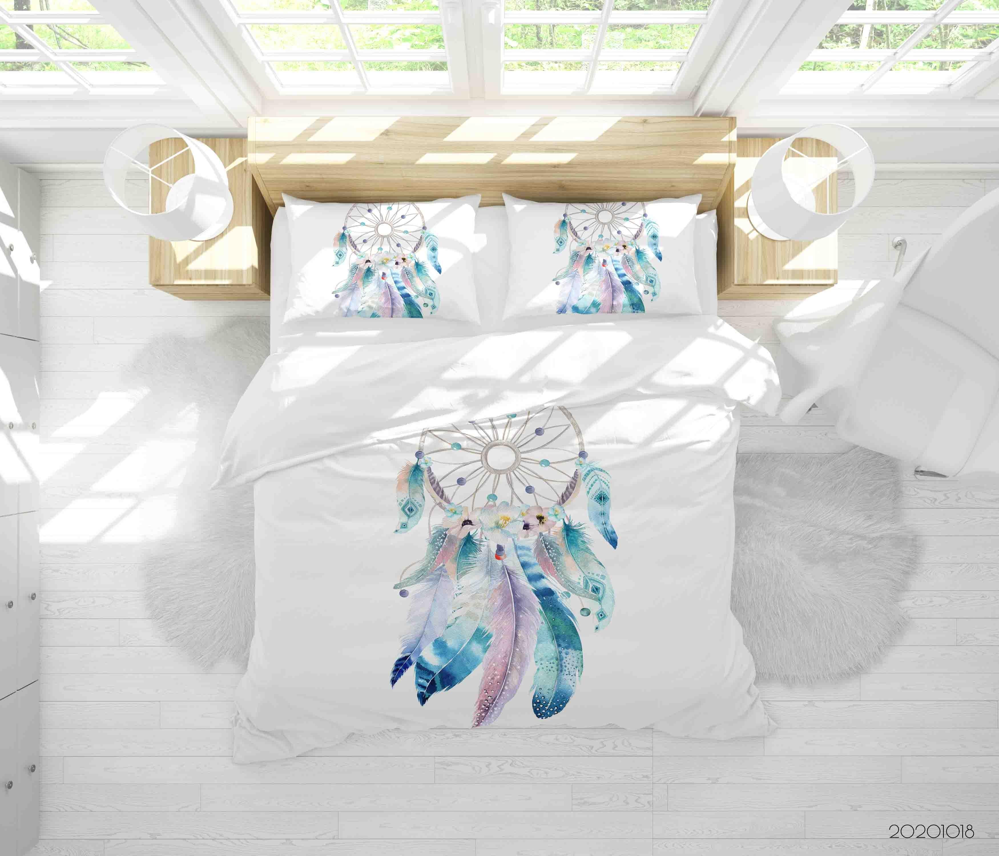 3D Watercolor Dream Catcher Feather Quilt Cover Set Bedding Set Duvet Cover Pillowcases WJ 9750- Jess Art Decoration