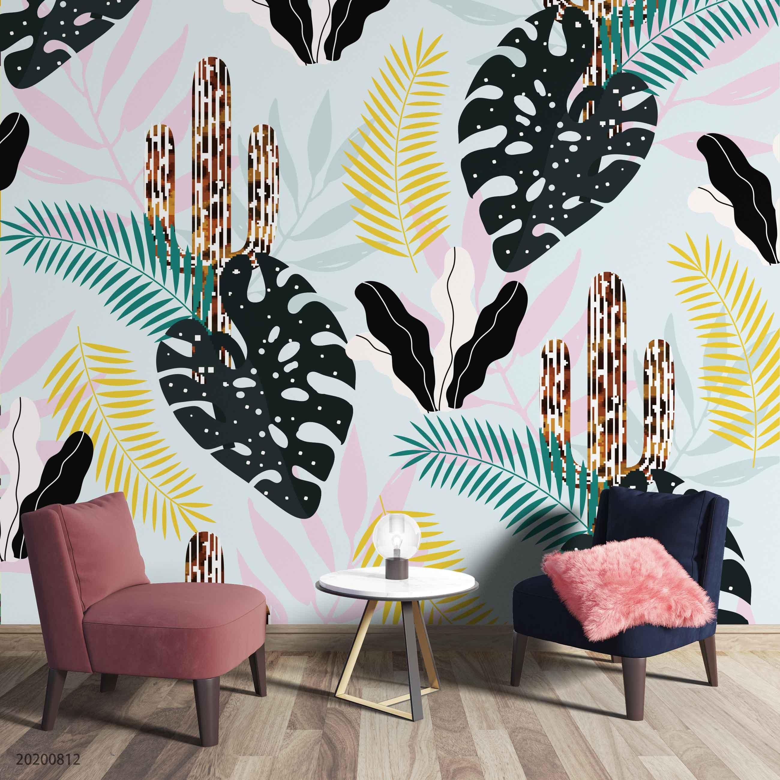 3D Hand Sketching Colorful Giant Leaves Wall Mural Wallpaper LXL 1108- Jess Art Decoration