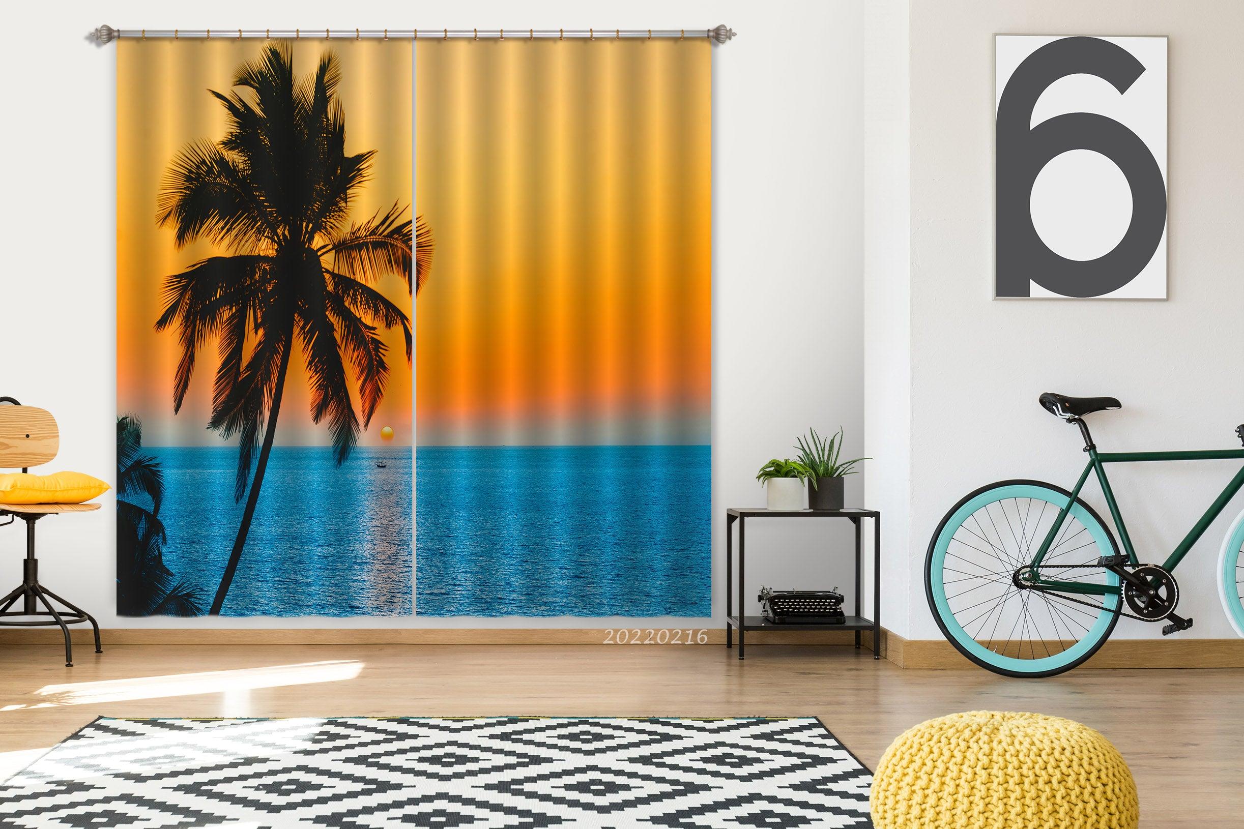 3D Blue Sea Coconut Tree Golden Sun Sky Curtains and Drapes GD 2283- Jess Art Decoration