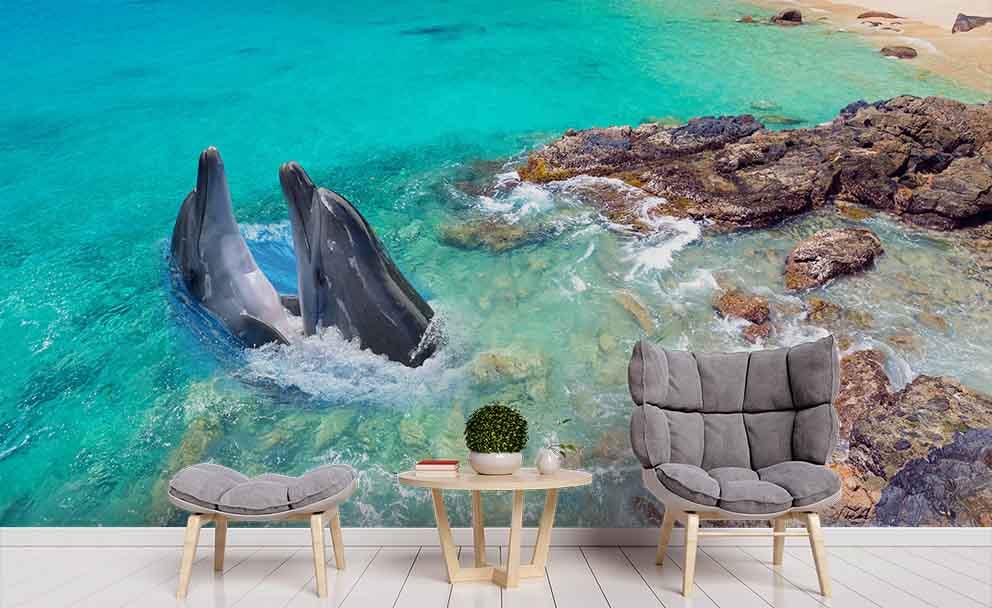 3D Blue Sea Dolphin Rock Wall Mural Wallpaper 134- Jess Art Decoration