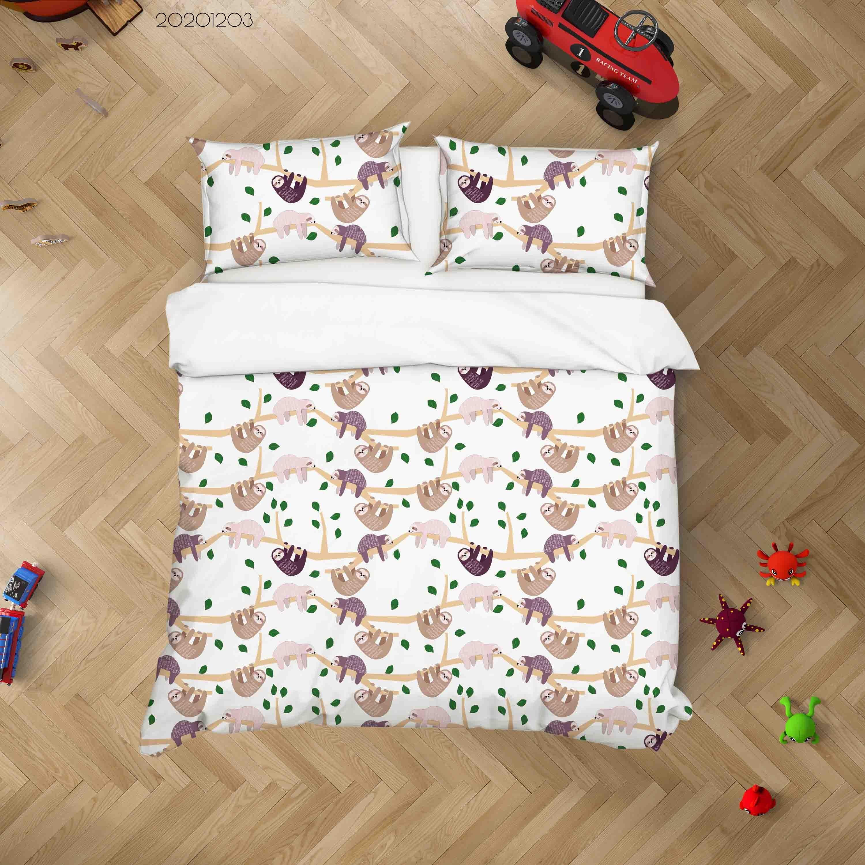3D Cartoon Hand Drawn Cute Sloth Plant Illustration Animal Quilt Cover Set Bedding Set Duvet Cover Pillowcases LXL- Jess Art Decoration