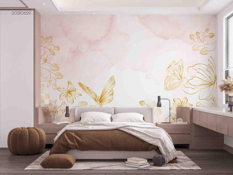 3D Watercolor Golden Floral Butterfly Wall Mural Wallpaper LQH 23- Jess Art Decoration