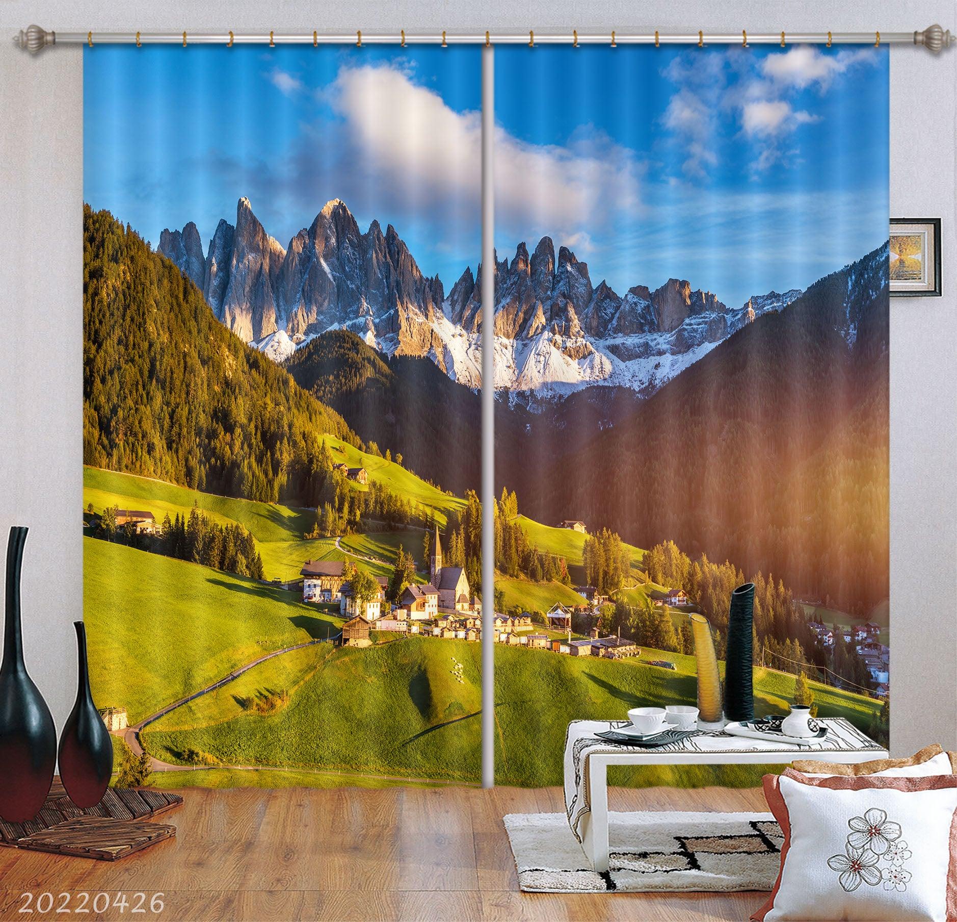 3D Landscape Mountain Green Woods Meadow Town Curtains and Drapes GD 4863- Jess Art Decoration