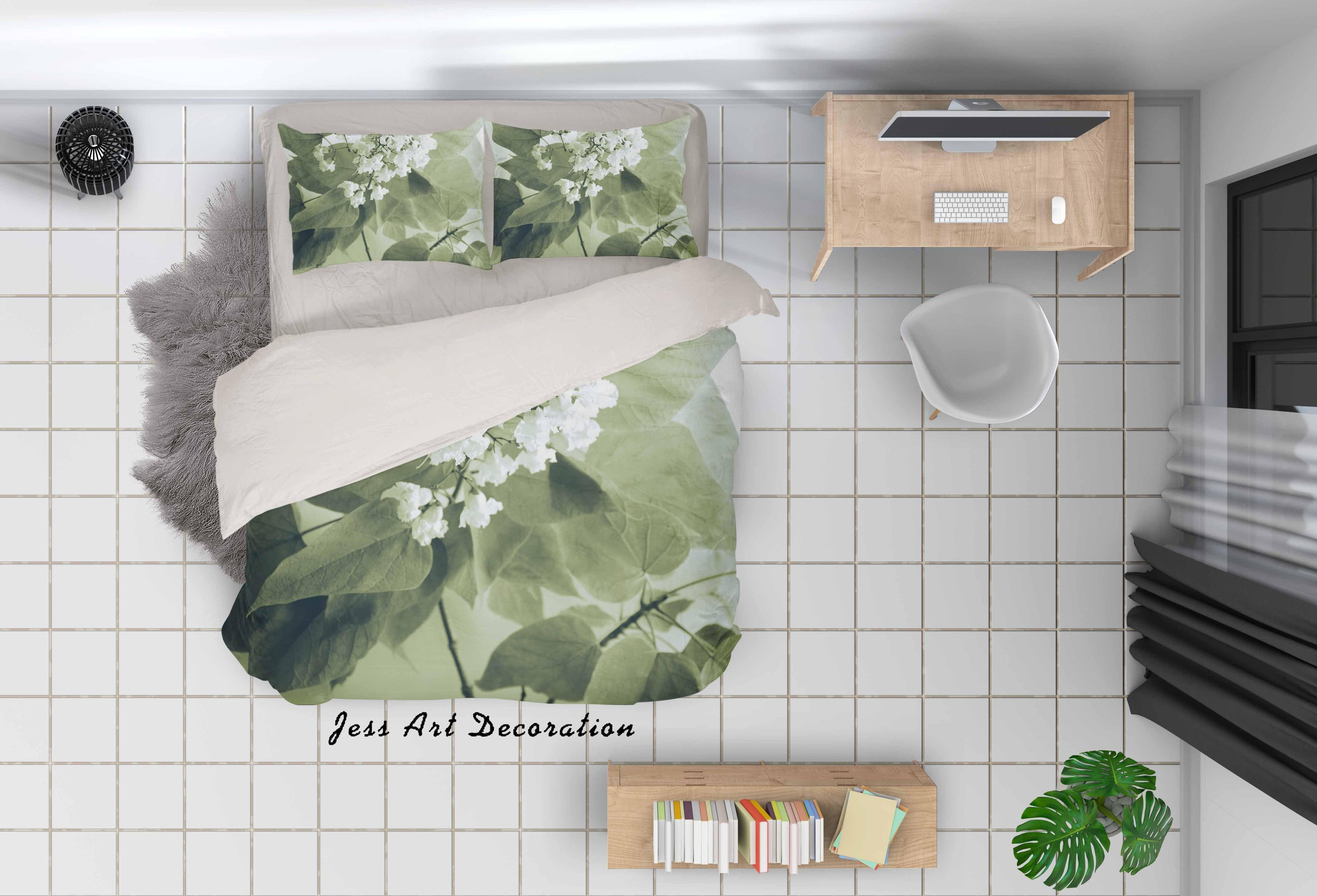 3D White Flowers Green Leaves Quilt Cover Set Bedding Set Duvet Cover Pillowcases LQH A136- Jess Art Decoration