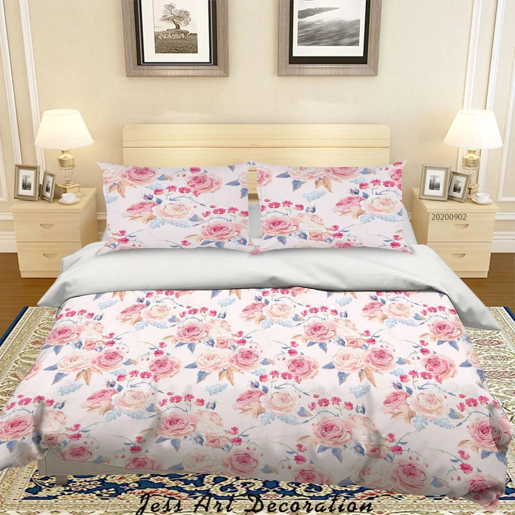 3D Pink Rose FLowers Leaves Pattern Quilt Cover Set Bedding Set Duvet Cover Pillowcases WJ 1460- Jess Art Decoration