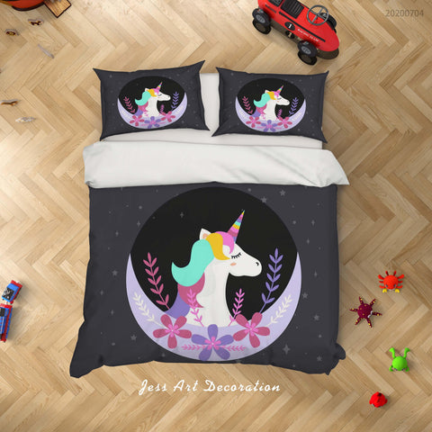 3D Moon Floral Unicorn Quilt Cover Set Bedding Set Duvet Cover Pillowcases SF245- Jess Art Decoration