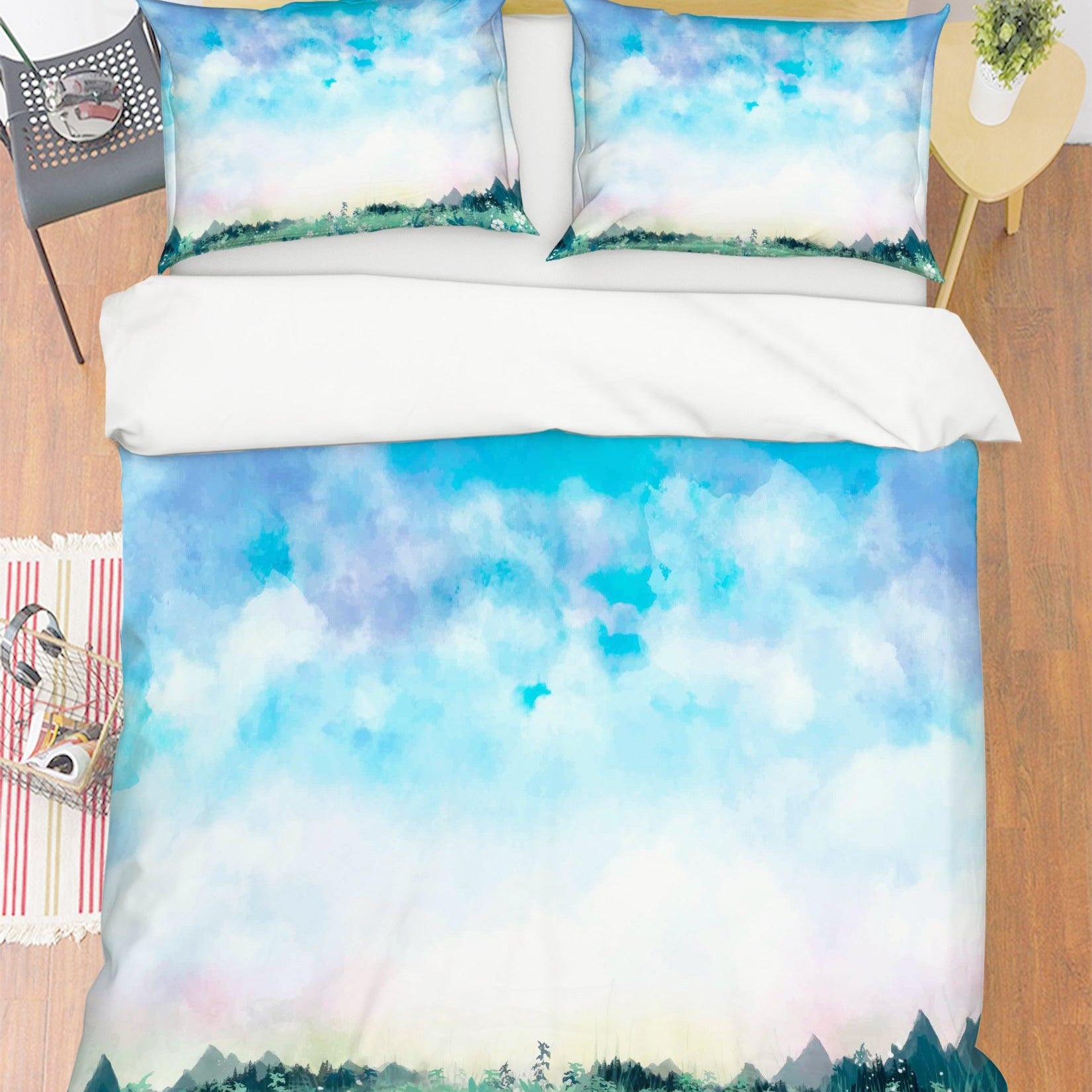 3D Watercolor Blue Sky Forest Quilt Cover Set Bedding Set Pillowcases 30- Jess Art Decoration