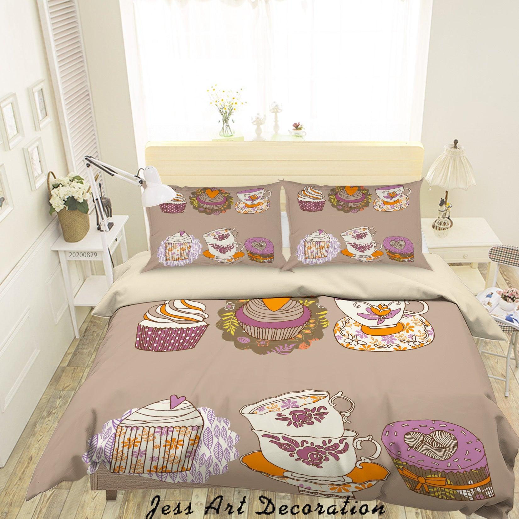 3D Abstract Hand Draw Cartoon Cake Teacup Pattern Quilt Cover Set Bedding Set Duvet Cover Pillowcases WJ 3554- Jess Art Decoration