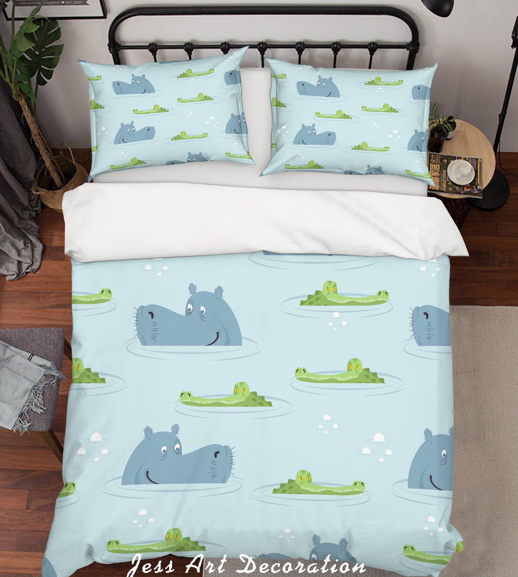 3D Cartoon Hippopotamus Crocodile Quilt Cover Set Bedding Set Pillowcases 166- Jess Art Decoration