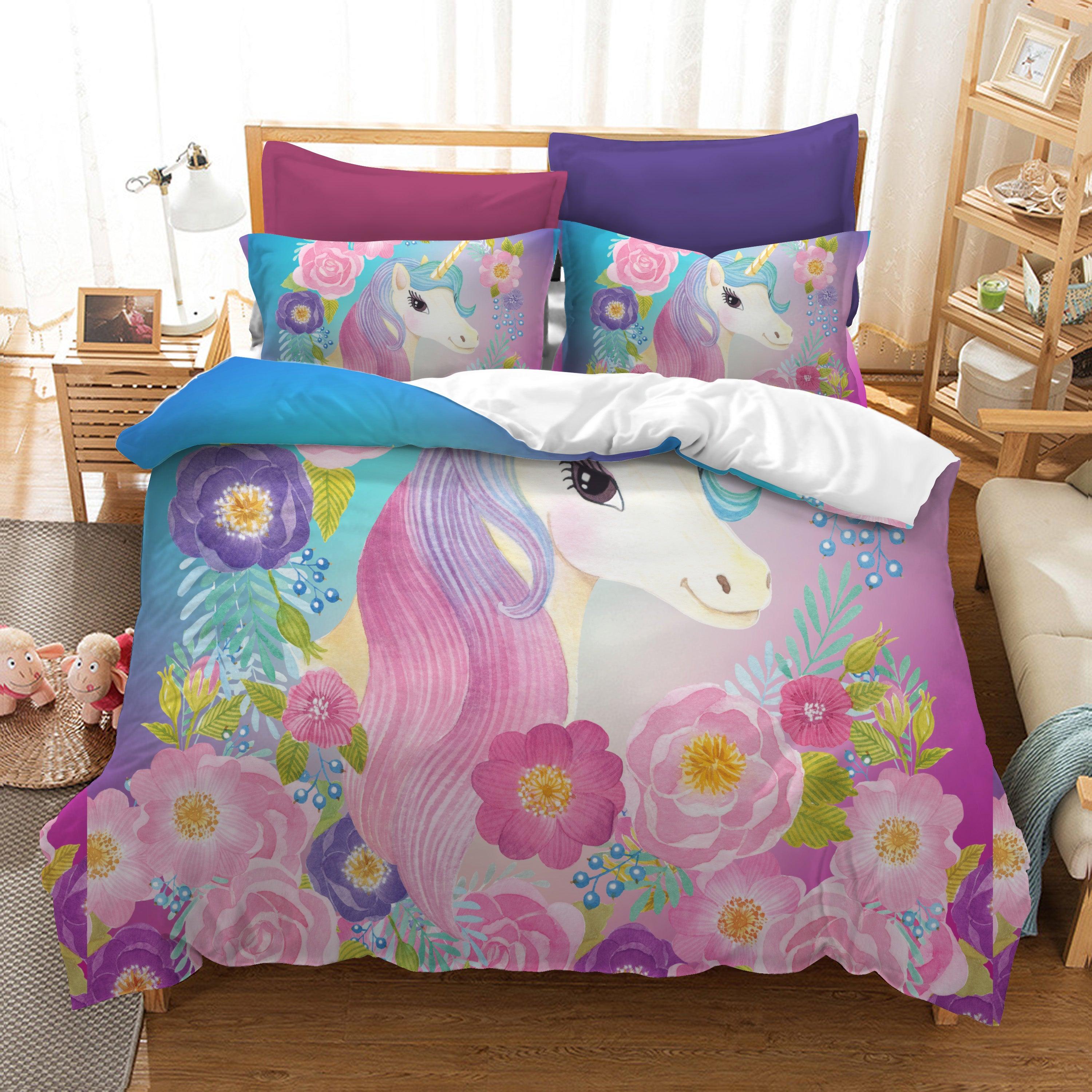3D Unicorn Flower Quilt Cover Set Bedding Set Pillowcases 37- Jess Art Decoration