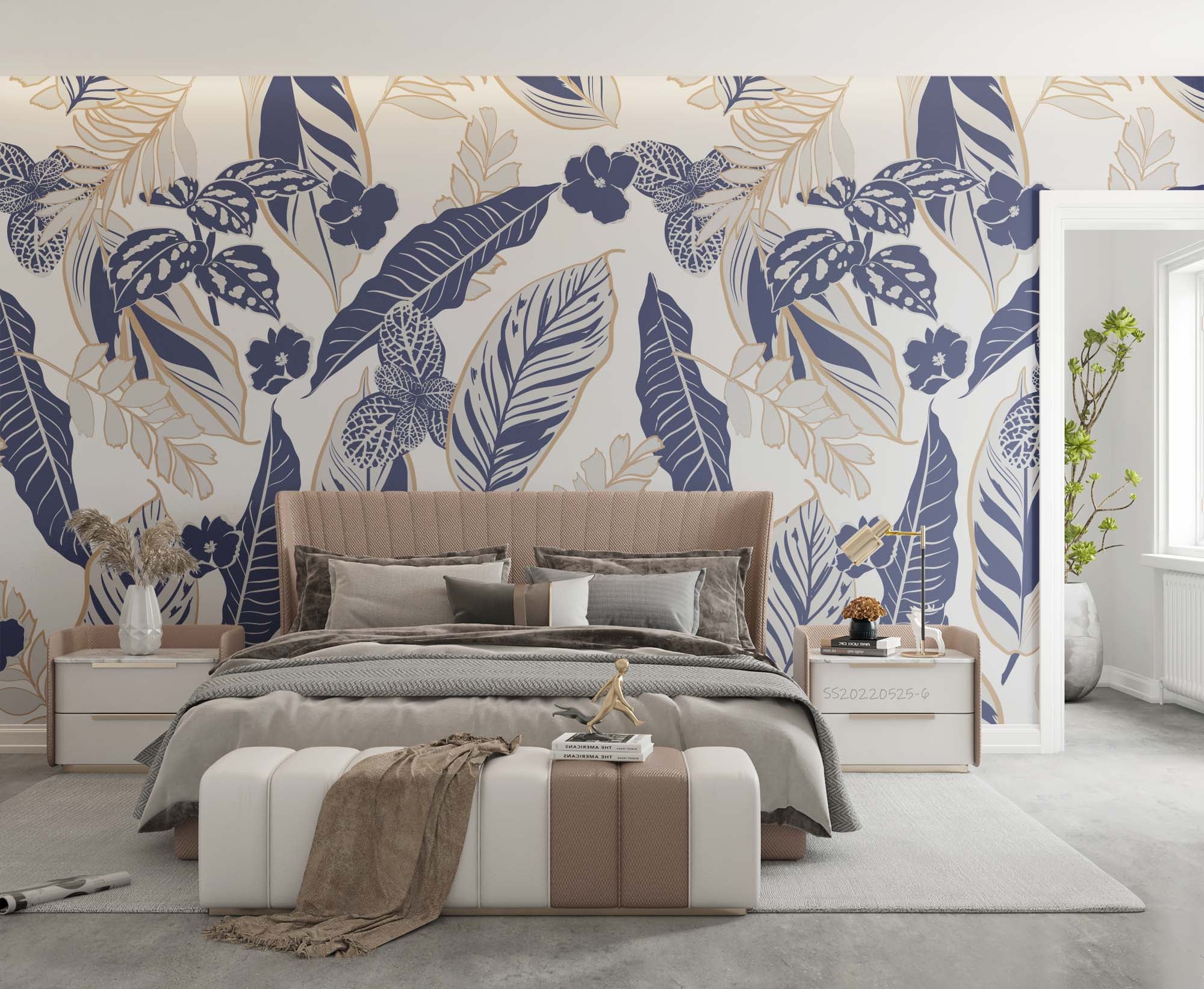 3D Abstract Vintage Blue Leaf Pattern Wall Mural Wallpaper GD 1245- Jess Art Decoration