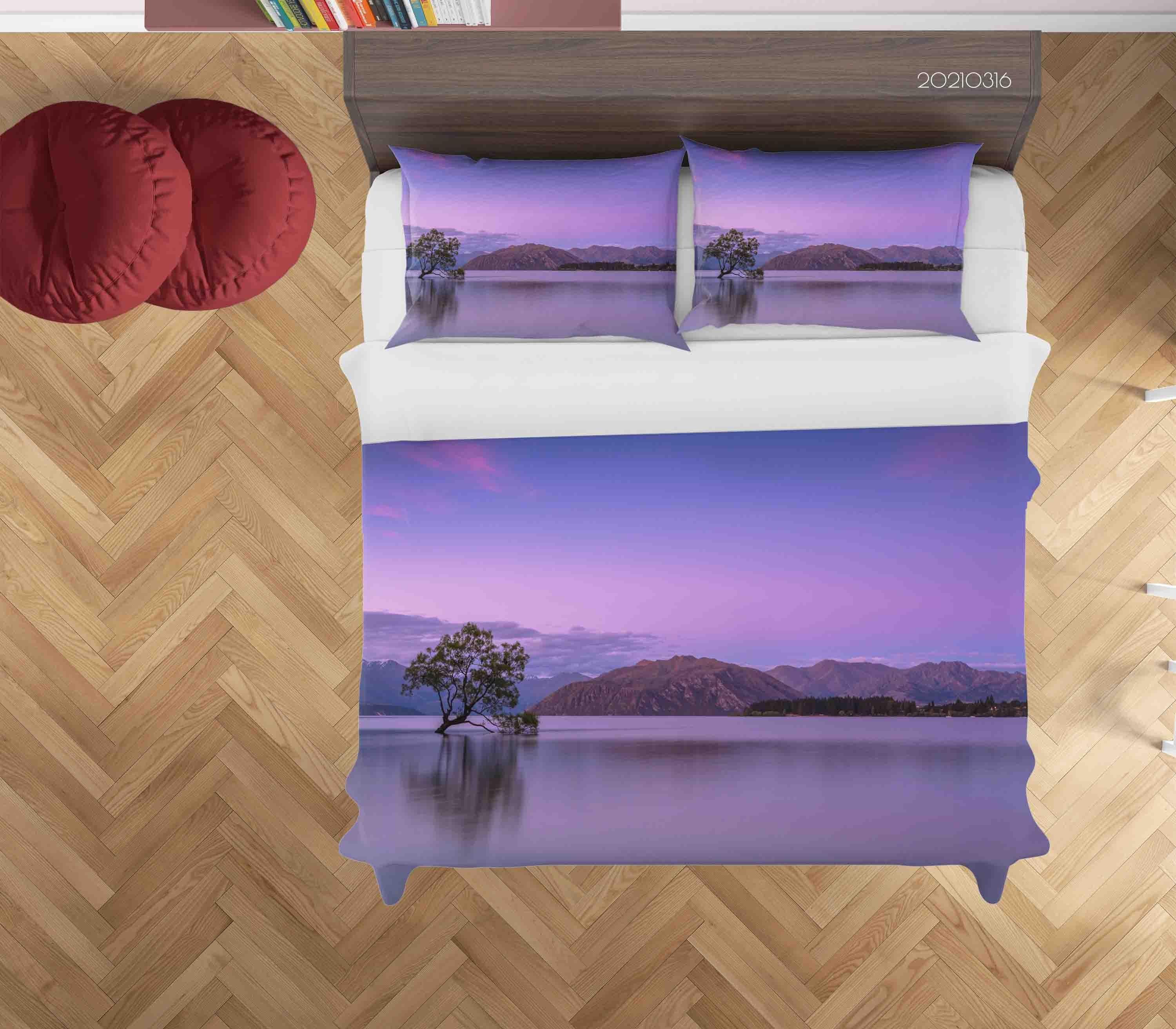 3D Purple Sky Mountain Lake Landscape Quilt Cover Set Bedding Set Duvet Cover Pillowcases 166- Jess Art Decoration
