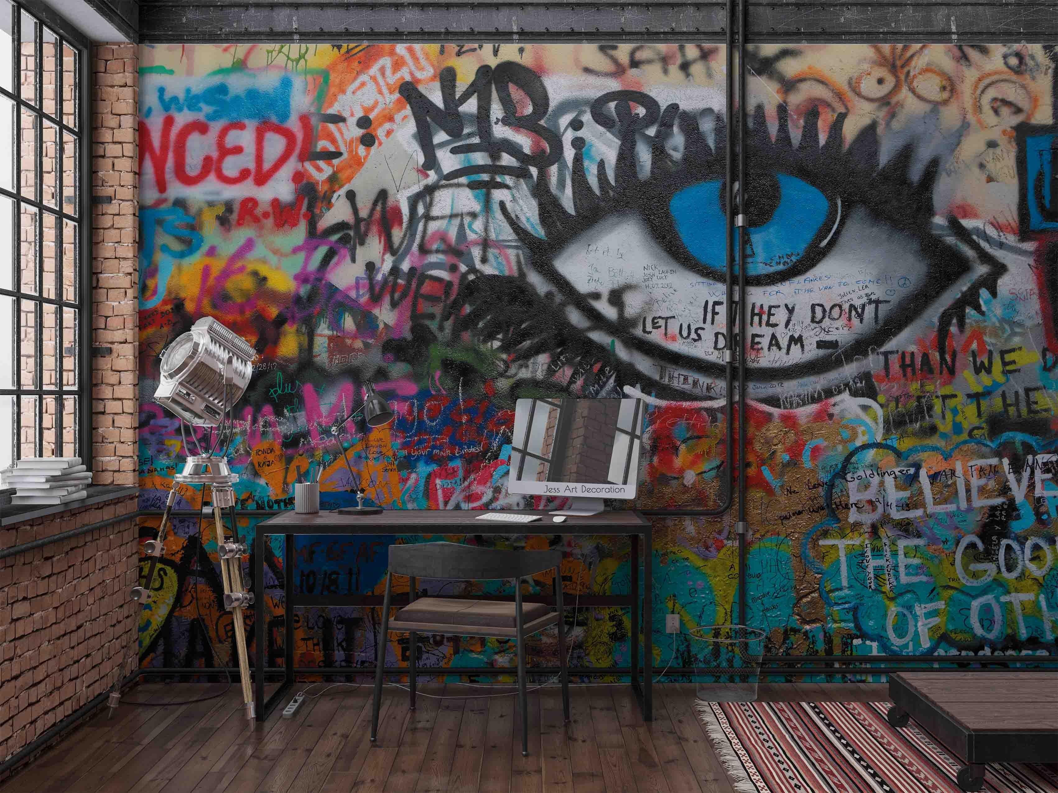 Graffiti Letter Eye Eyelash Wallpaper typography graffiti wall mural for teen room or studio