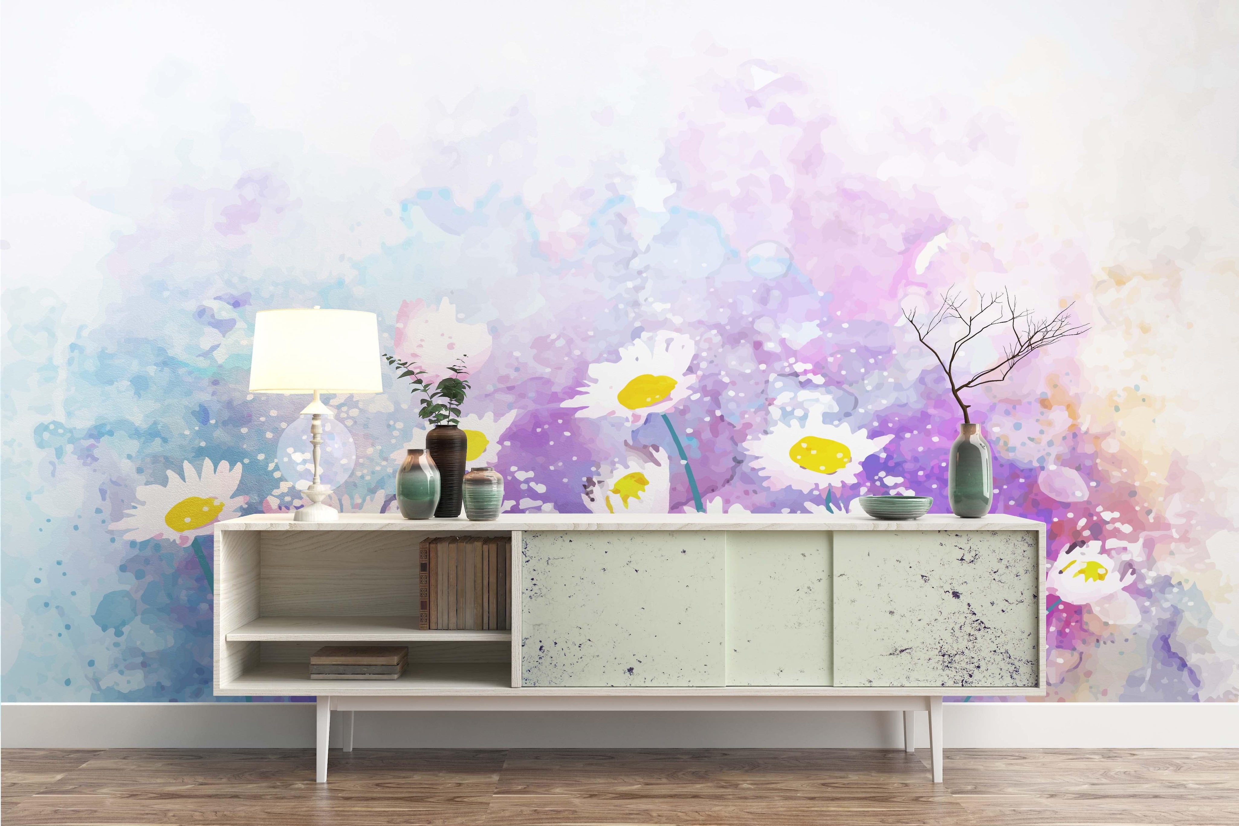 3D Watercolor White Daisy Purple Wall Mural Wallpaper 26- Jess Art Decoration