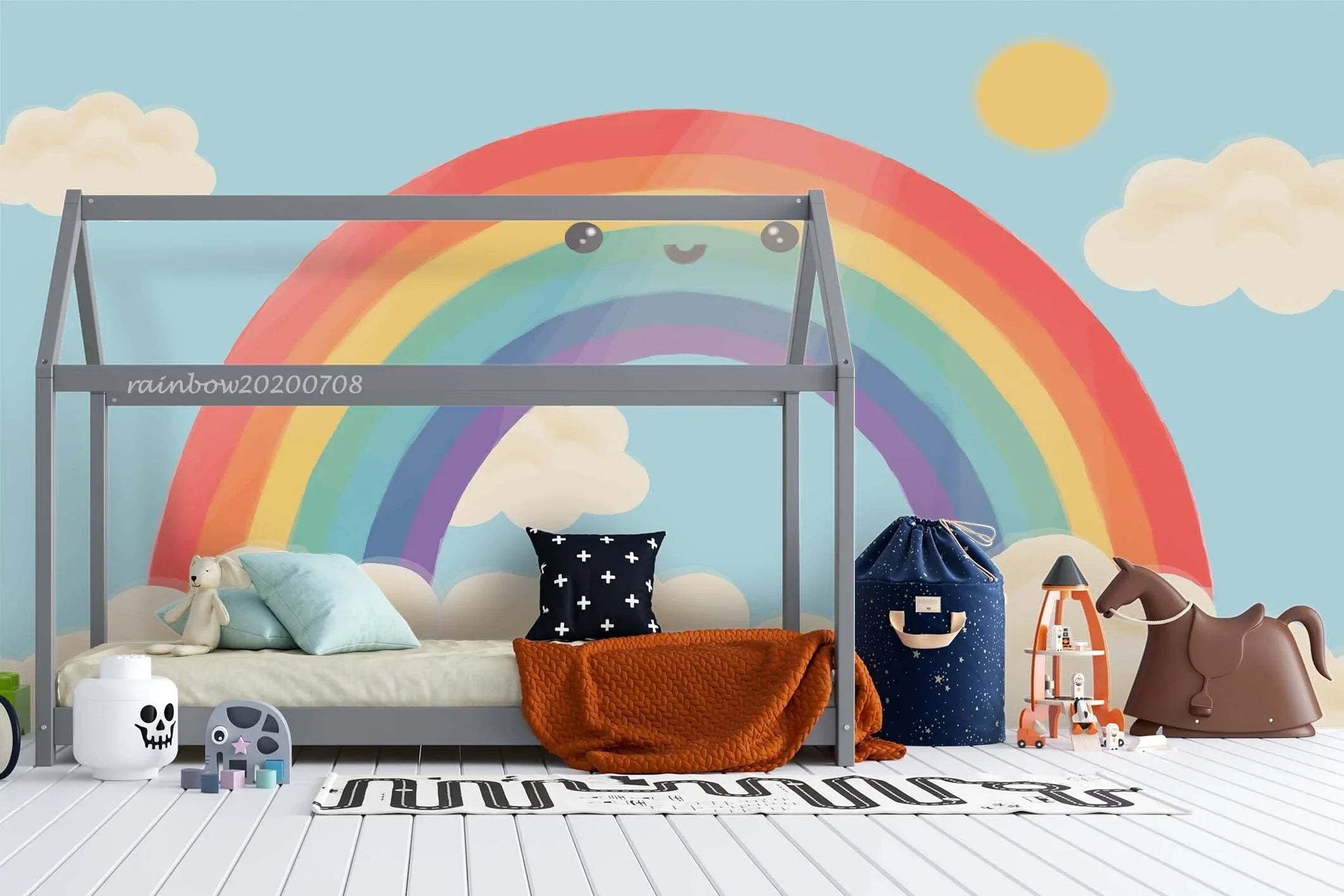 3D Cartoon Rainbow Blue Sky White Clouds Wall Mural Wallpaper A152 LQH- Jess Art Decoration