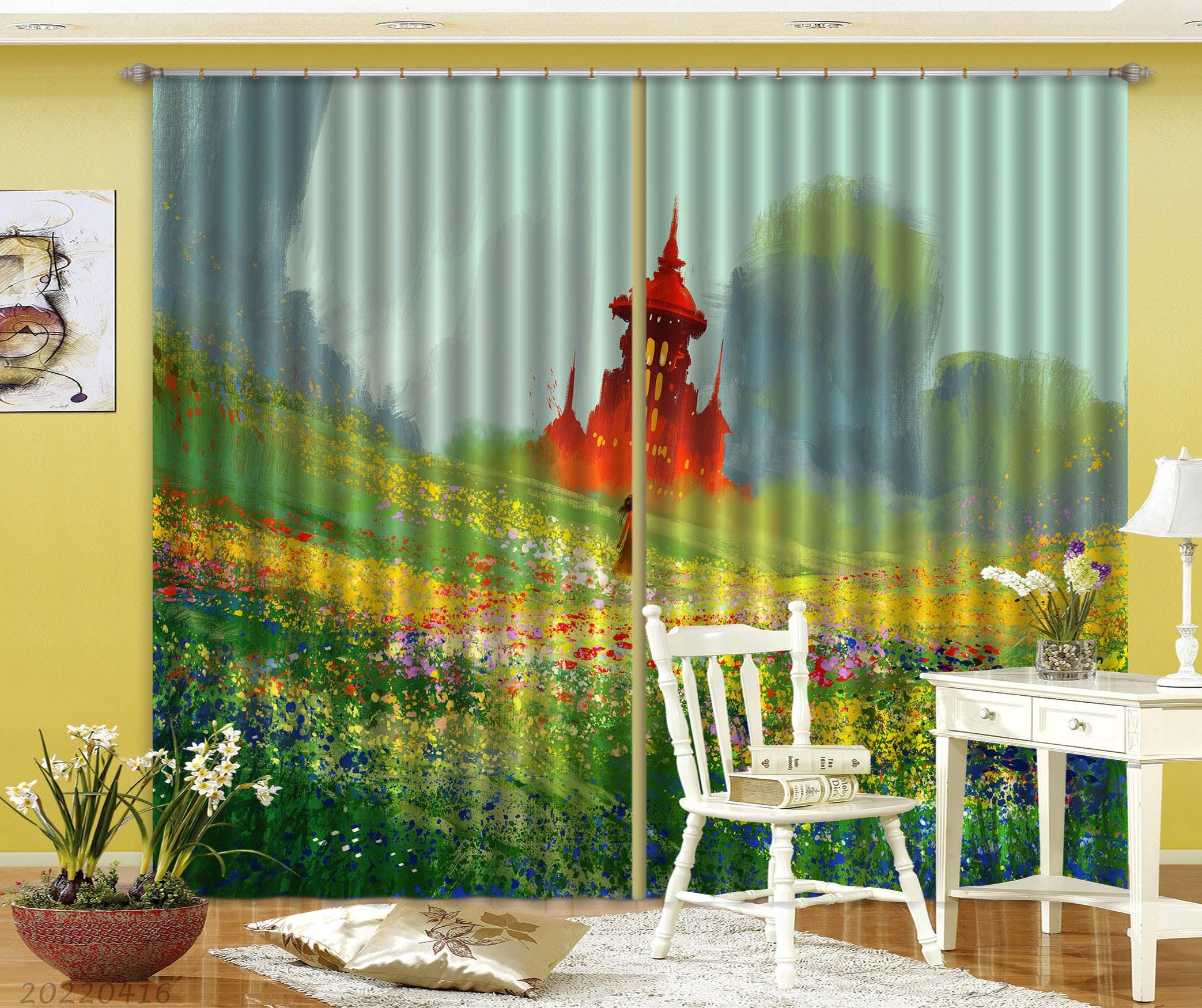 3D Woman Flower Field Red Castle Painting Curtains and Drapes GD 4603- Jess Art Decoration