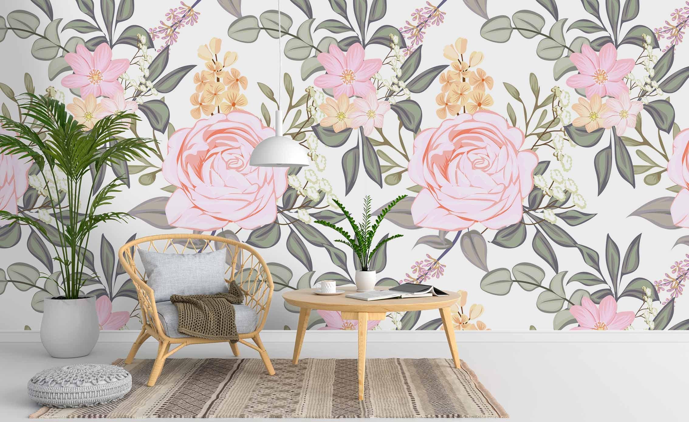 3D Pink Floral Green Leaves Wall Mural Wallpaper 44 LQH- Jess Art Decoration