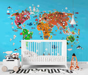 3D Map World Cartoon Animal Wall Mural Wallpaper SWW4486- Jess Art Decoration