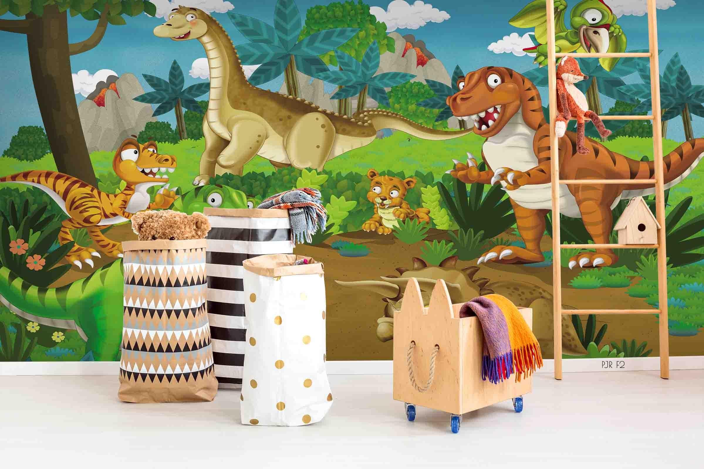 3D Dinosaur Tigers Jungle cartoon dinosaur jungle mural wall mural wallpaper for playroom