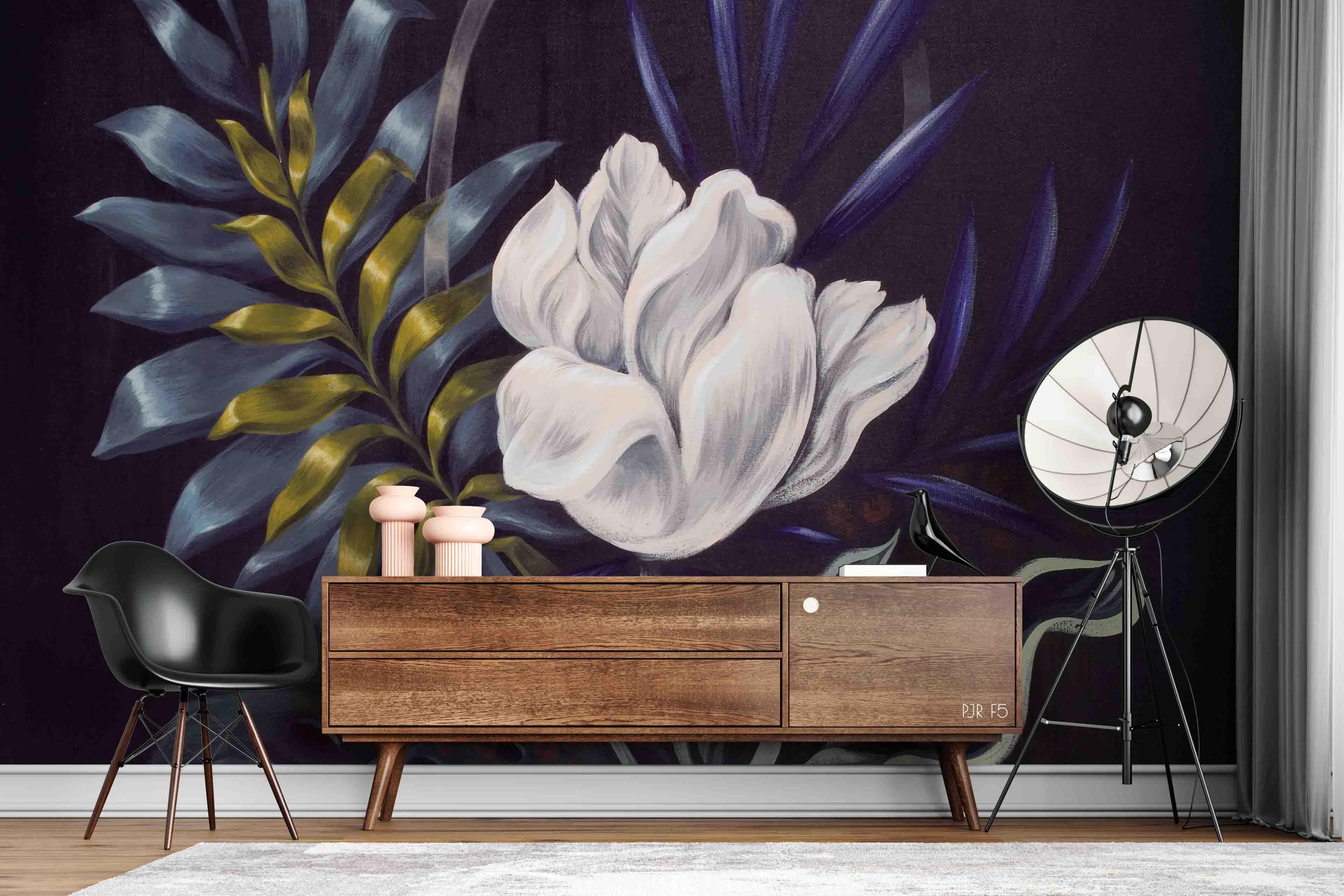 3D Dark Magnolia Painting dramatic floral painting wall mural wallpaper for dining room - view 2