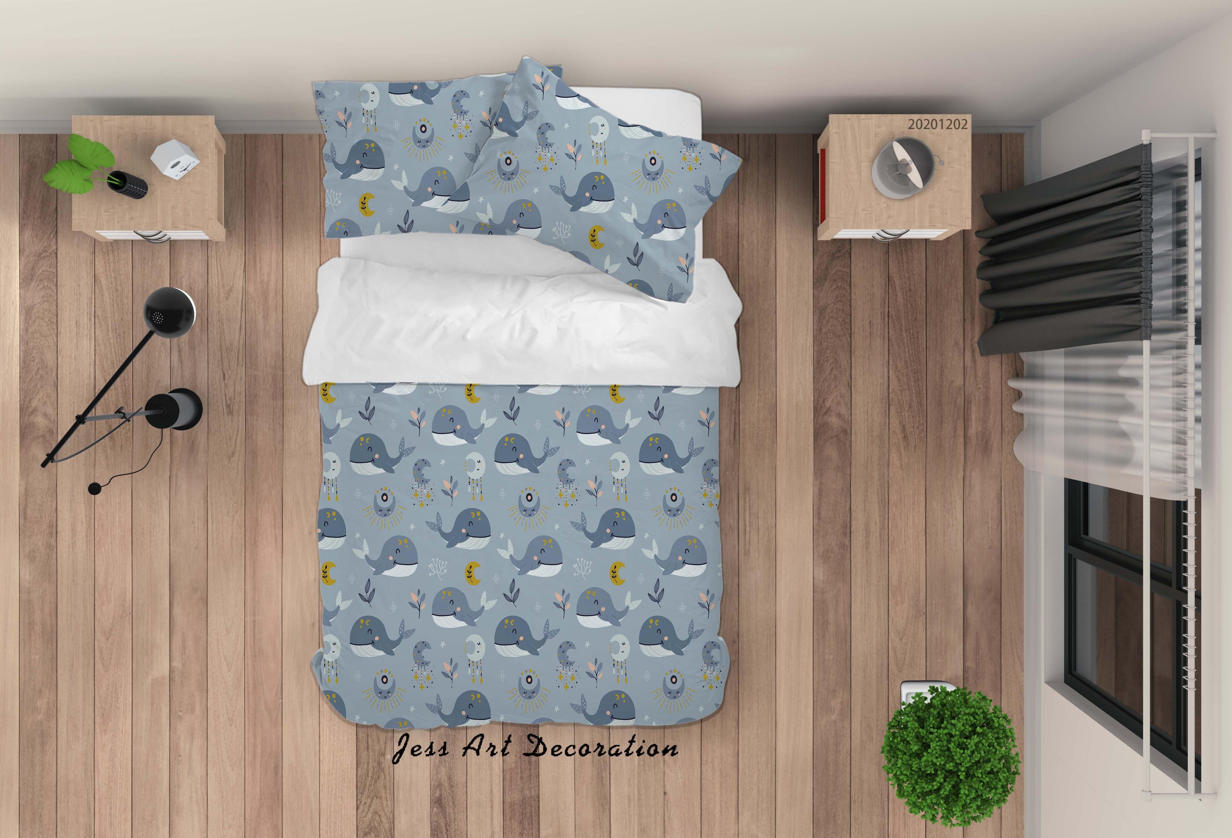 3D Abstract Cartoon Hand Drawn Blue Ocean Whale Fish Moon Plant Quilt Cover Set Bedding Set Duvet Cover Pillowcases LXL- Jess Art Decoration