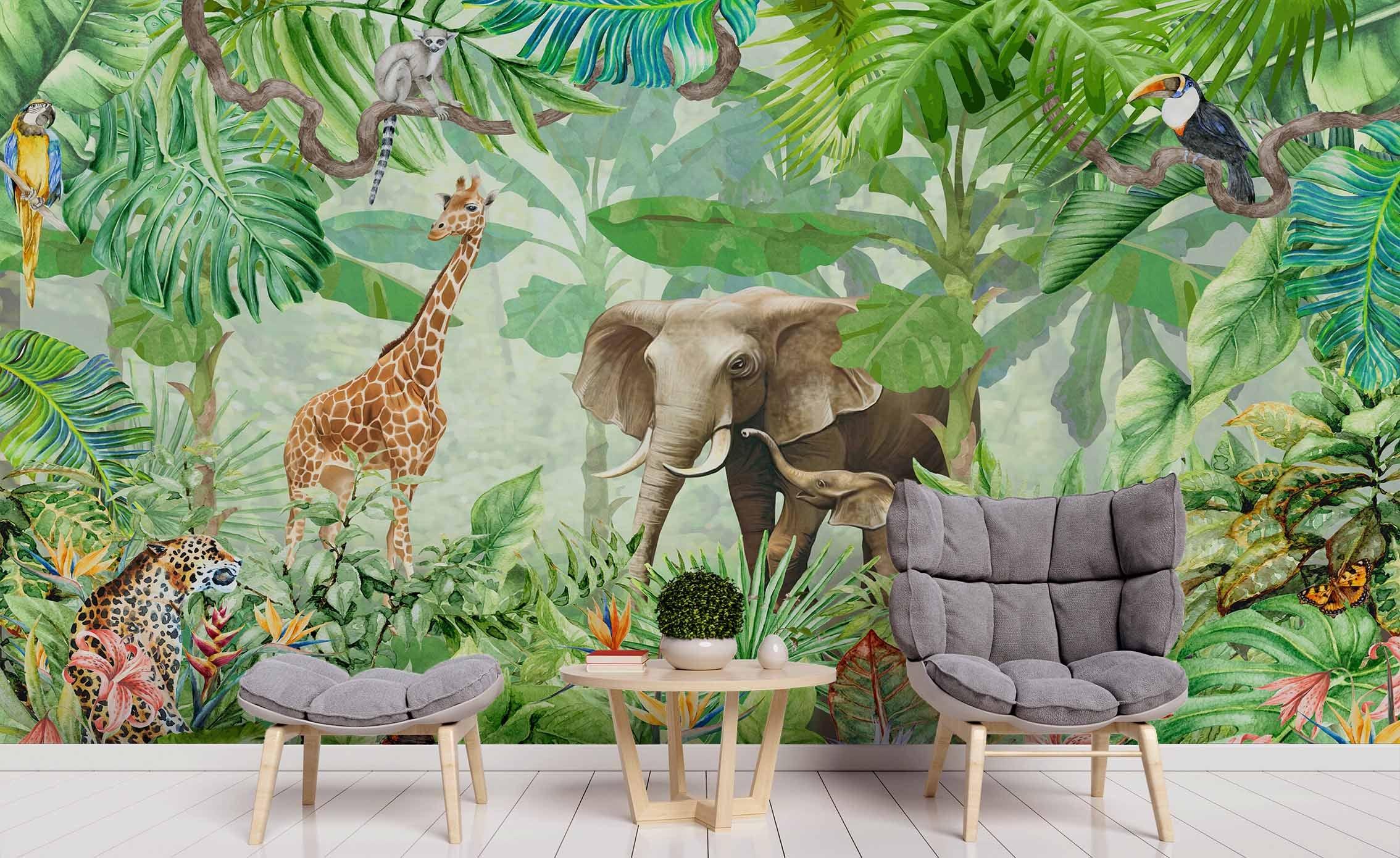 3D Green Forest Animals Wall Mural Wallpaper 03- Jess Art Decoration