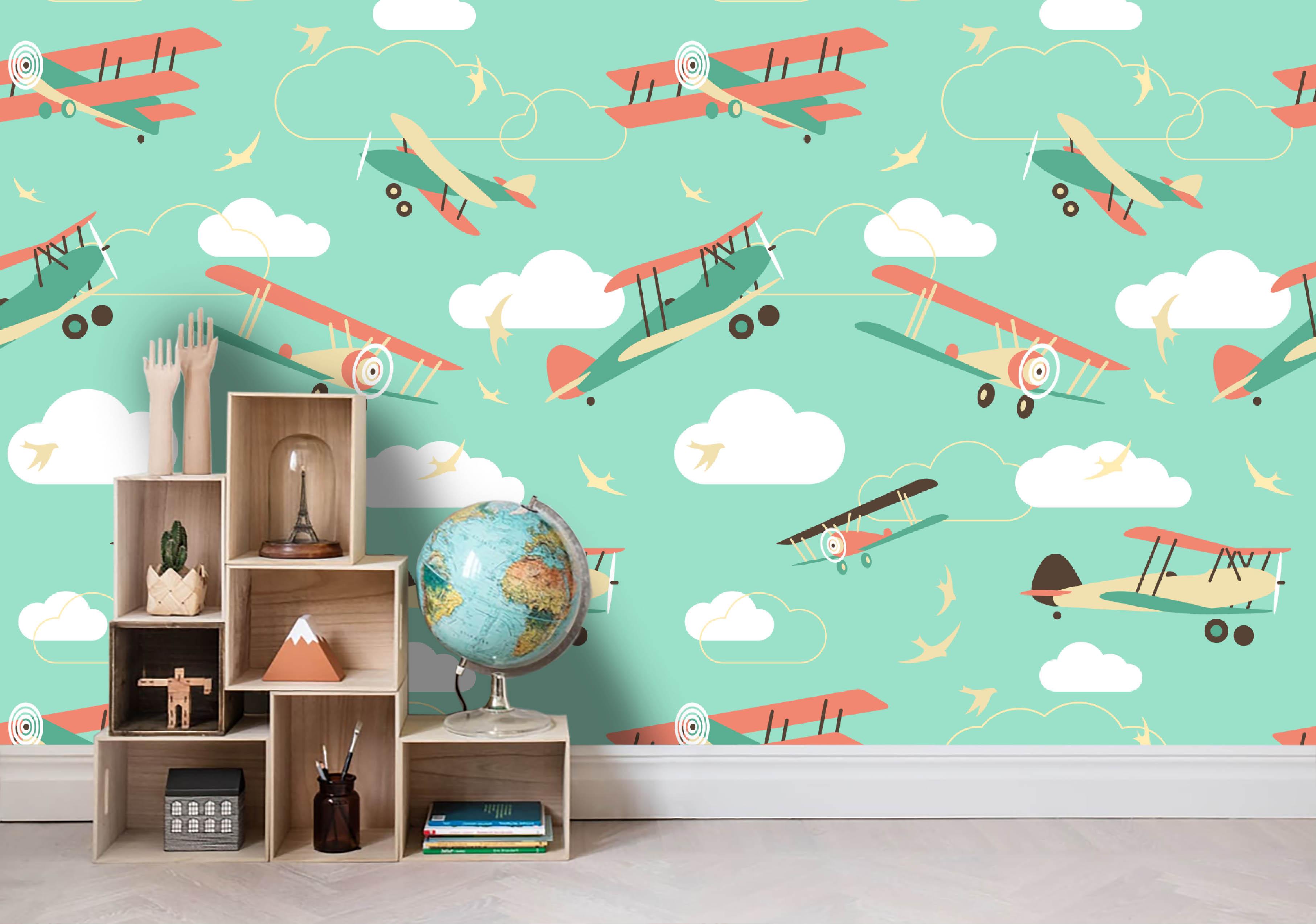 3D Green Background Cartoon Plane Wall Mural Wallpaper 6- Jess Art Decoration