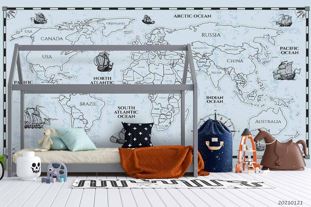 3D Hand Drawn Blue World Map Wall Mural Wallpaper LQH 6- Jess Art Decoration