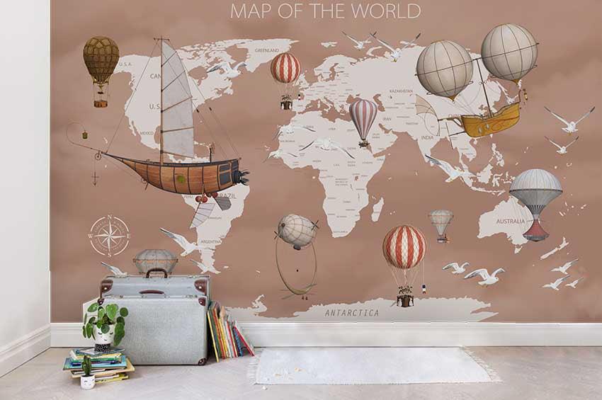 3D Brown World Map Hot Air Balloon Wall Mural Wallpaper LQH 84- Jess Art Decoration
