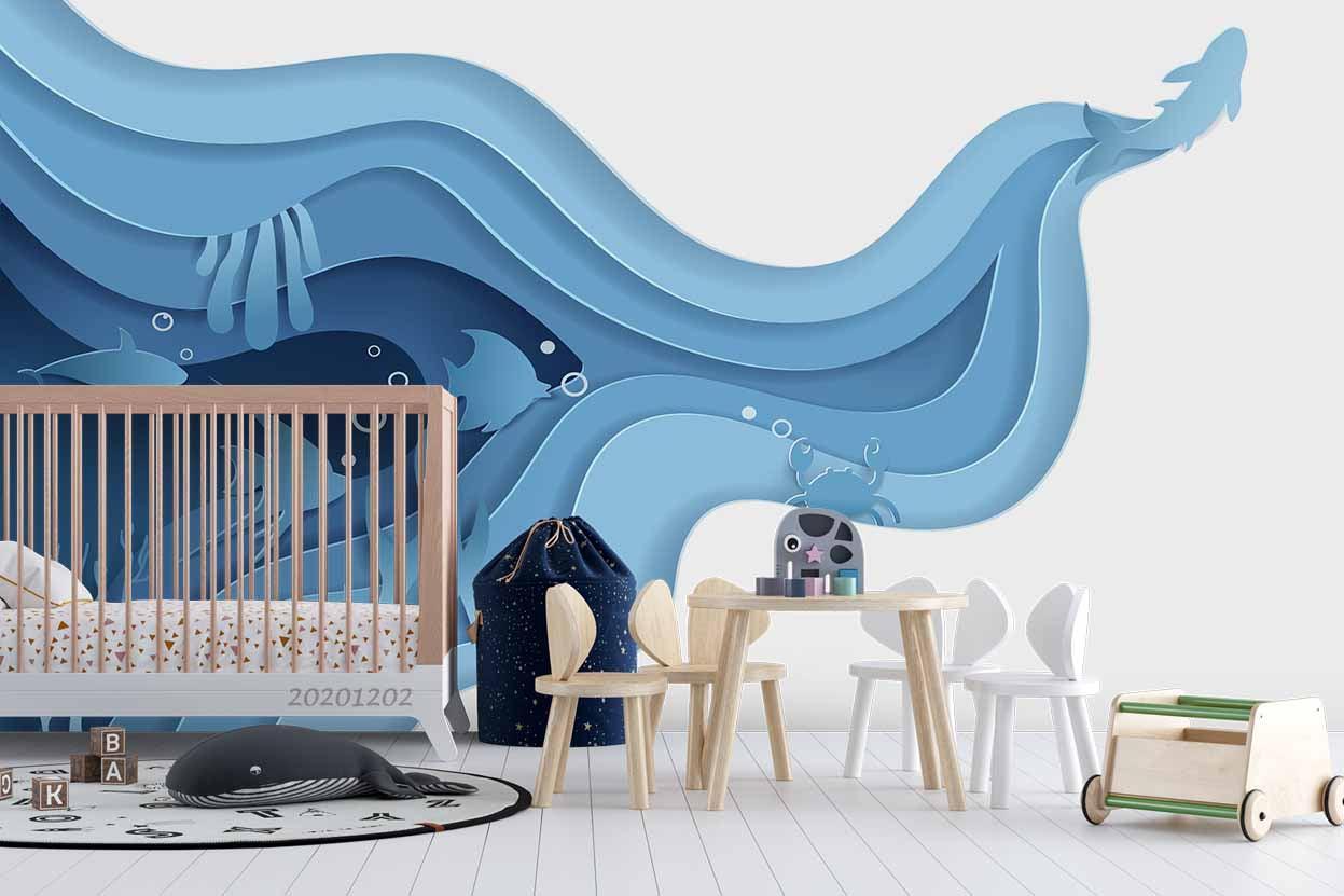 3D Cartoon Hand Drawn Deep Ocean Blue Bubble Fish Pattern Wall Mural Wallpaper LXL- Jess Art Decoration