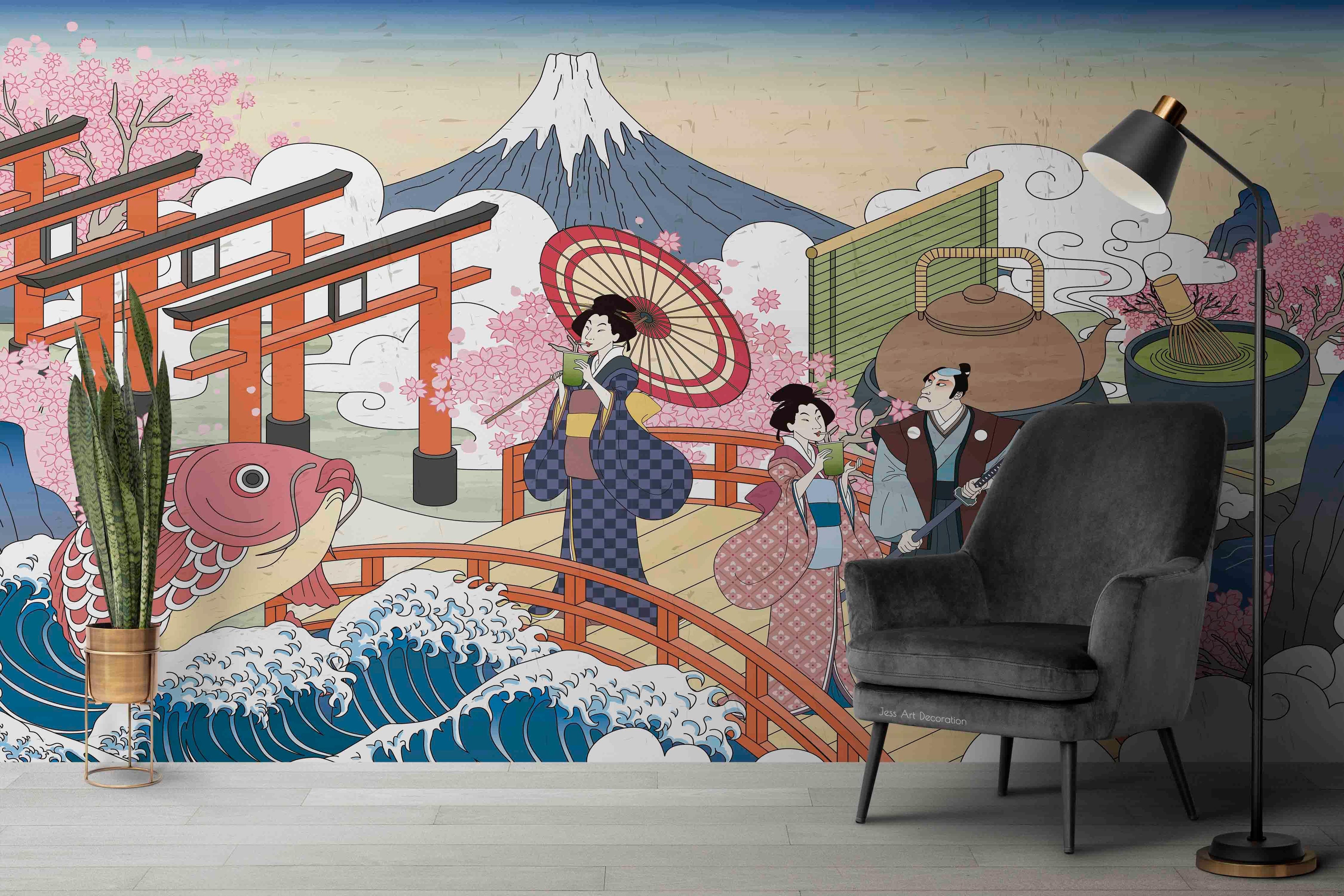 3D Japanese Sakura Travel Japanese sakura travel illustration wall mural wallpaper for bedroom - view 2