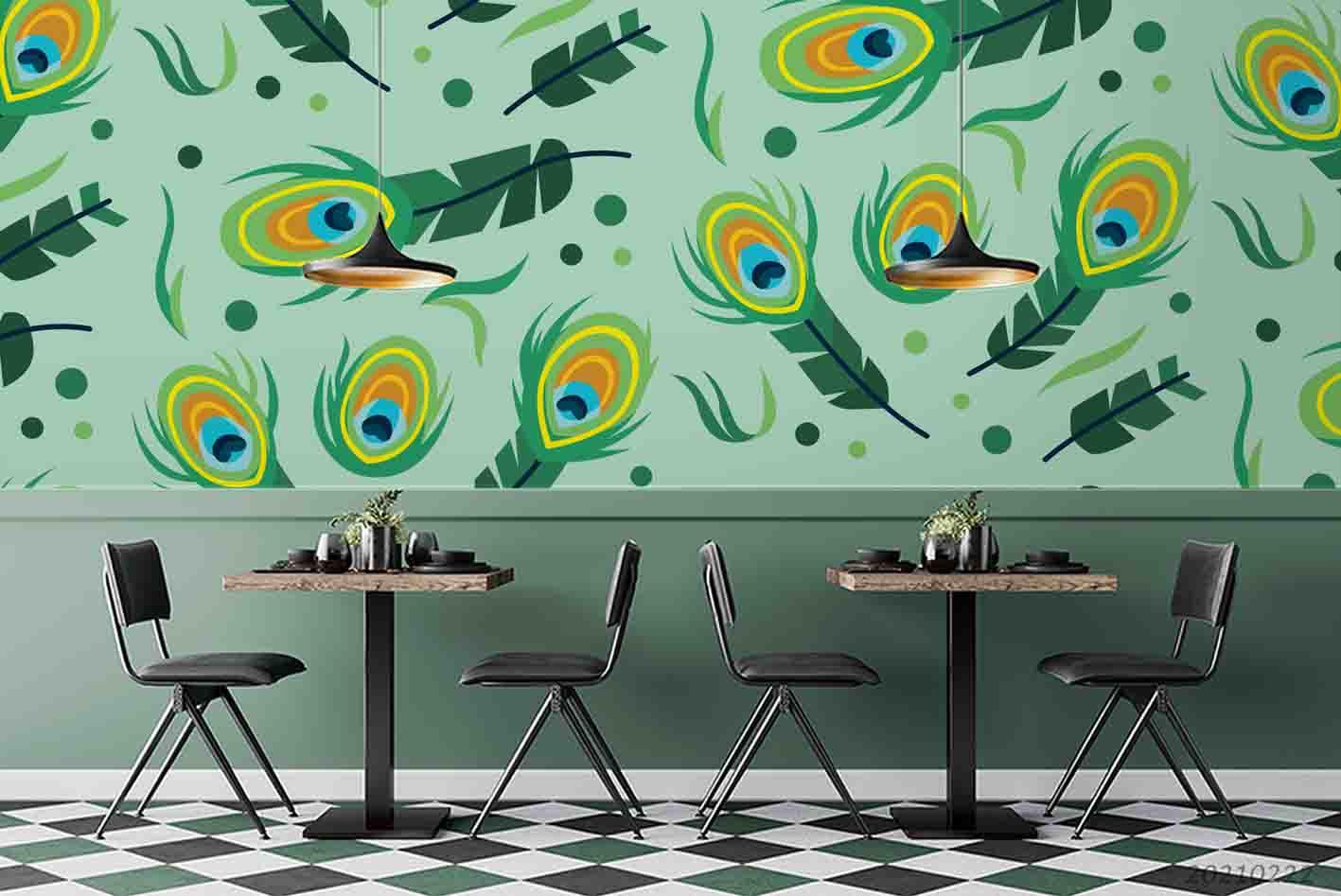 3D Hand Drawn Green Peacock Feather Wall Mural Wallpaper LQH 89- Jess Art Decoration