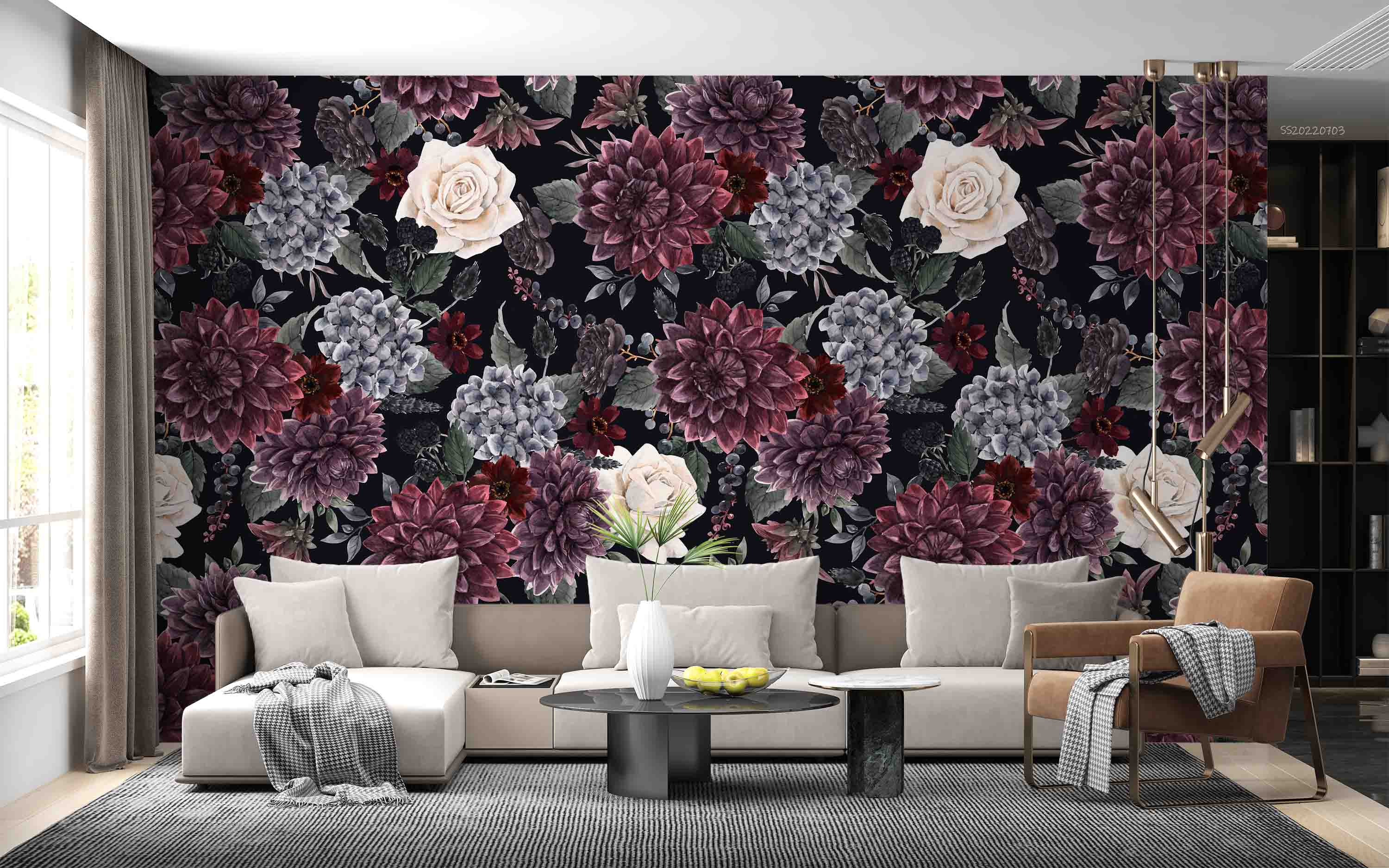 3D Vintage Floral Pattern Black Background Wall Mural Wallpaper GD 1046- Jess Art Decoration