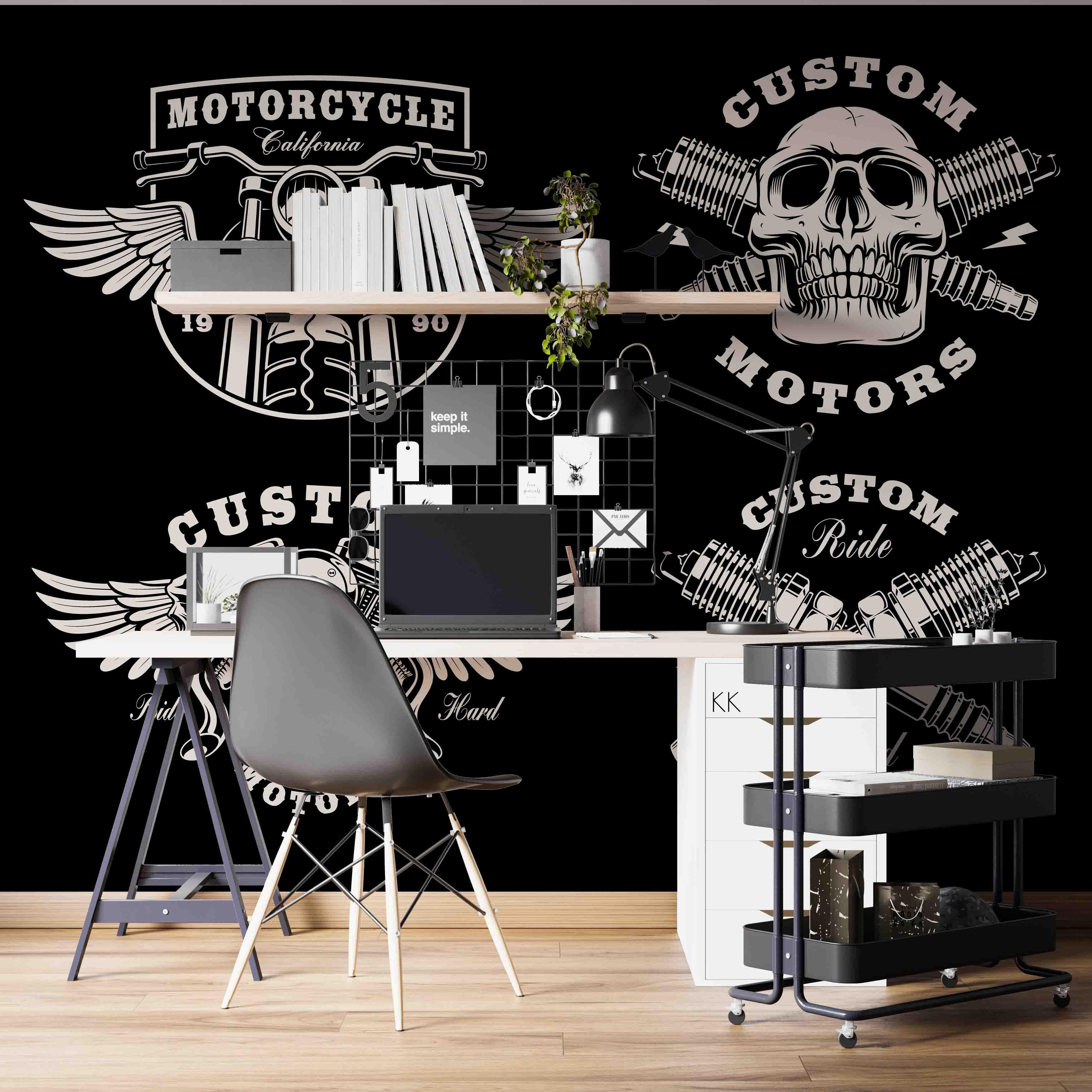 3D Vintage Black White Motorcycle Skull Logo Wall Mural Wallpaper GD 3200- Jess Art Decoration