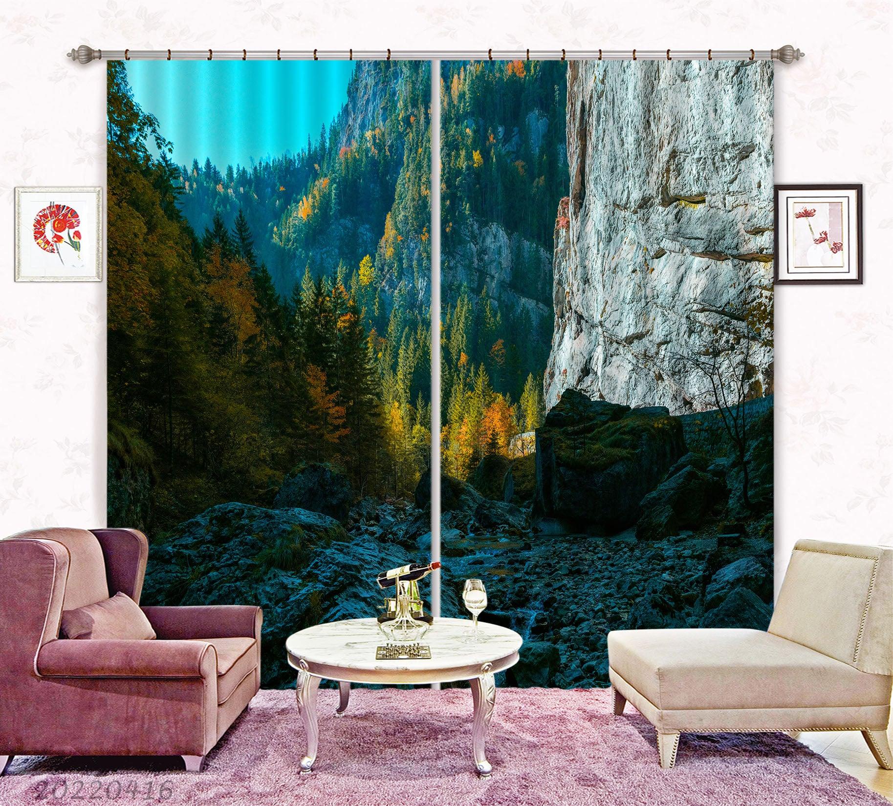 3D Landscape Mountain Rock Valley Plant Tree Curtains and Drapes GD 4335- Jess Art Decoration