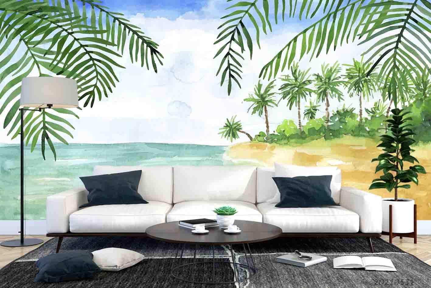 3D Abstract Pastel Sea Beach Palm Tree Wall Mural Wallpaper SWW748- Jess Art Decoration