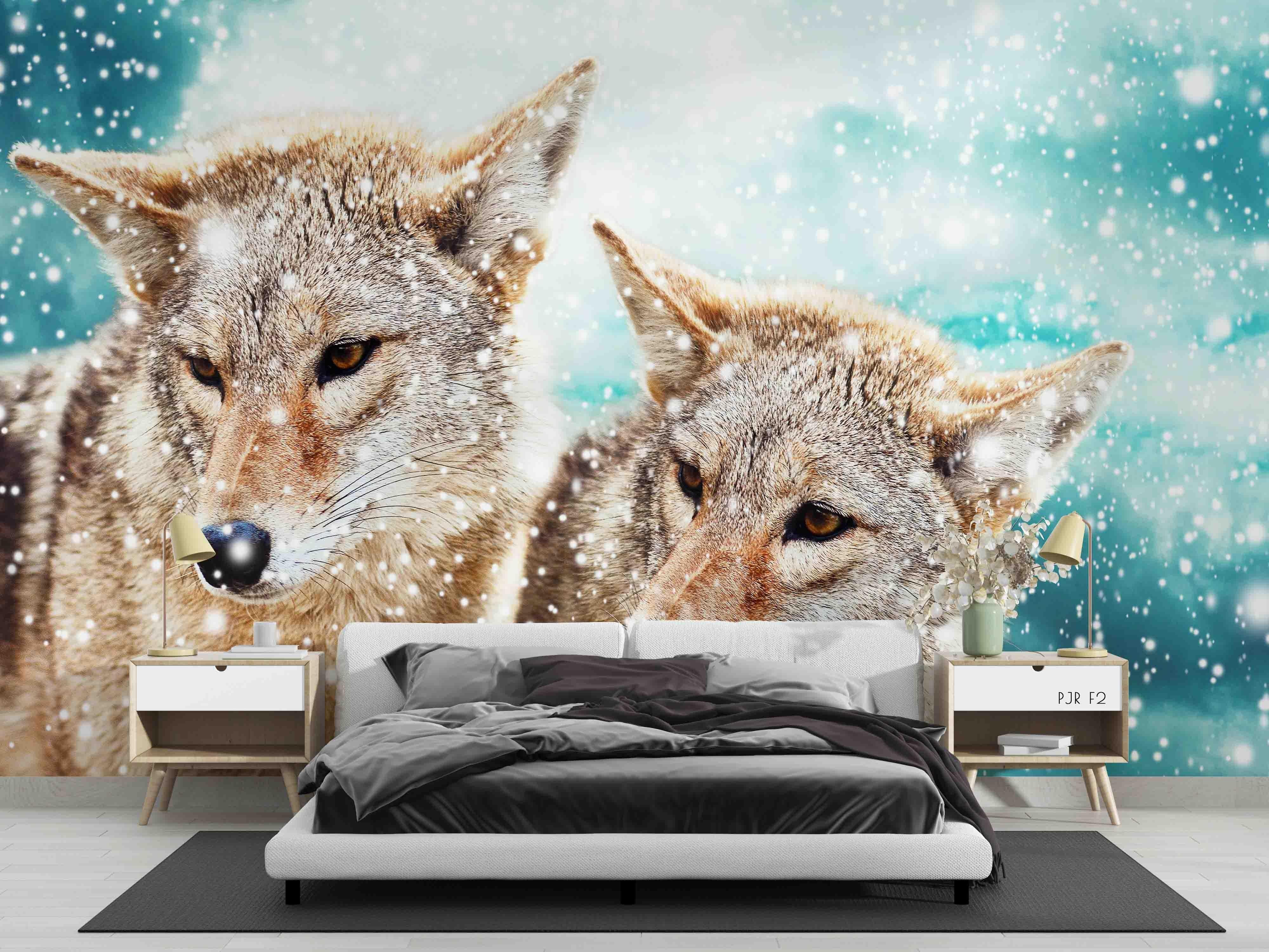 3D Animal Fox Couple Snow Wallpaper WJ 1376- Jess Art Decoration