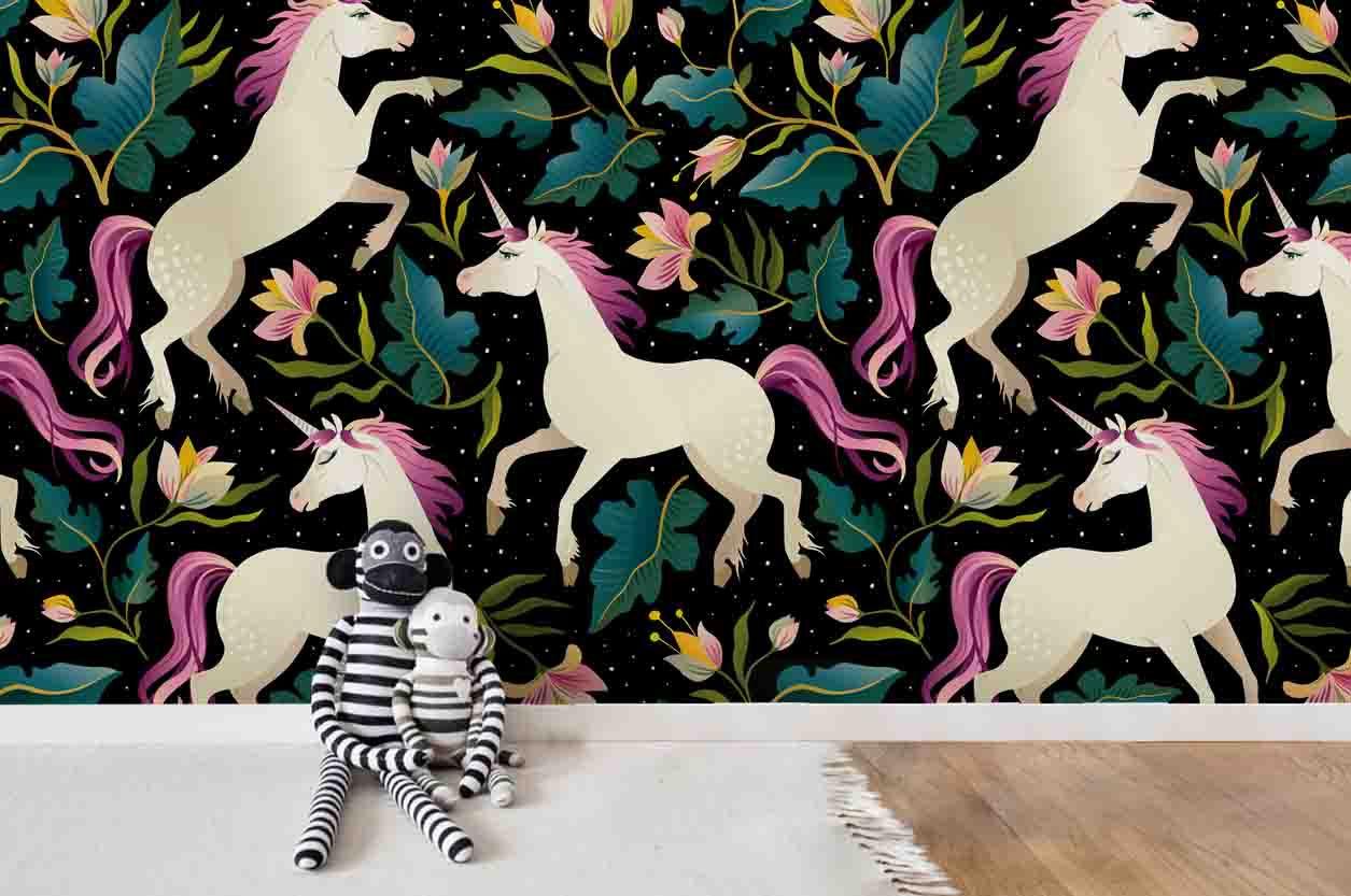 3D Unicorn Floral Pattern Wall Mural Wallpaper 71- Jess Art Decoration