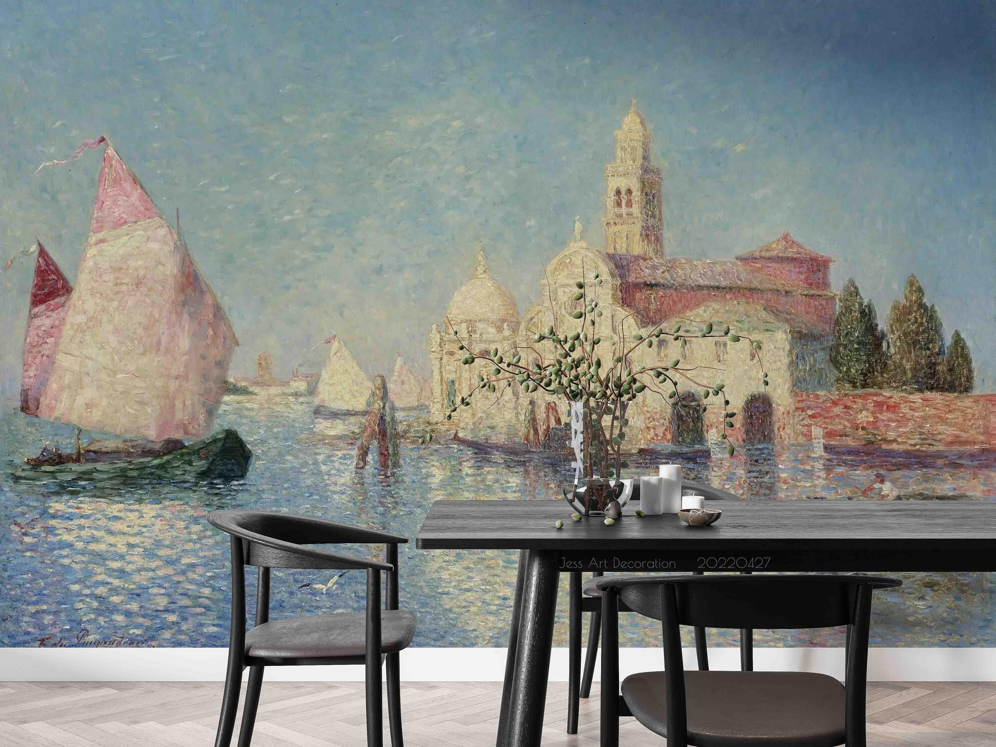 3D Building River Sailboat Landscape Oil Painting Wall Mural Wallpaper GD 4530- Jess Art Decoration