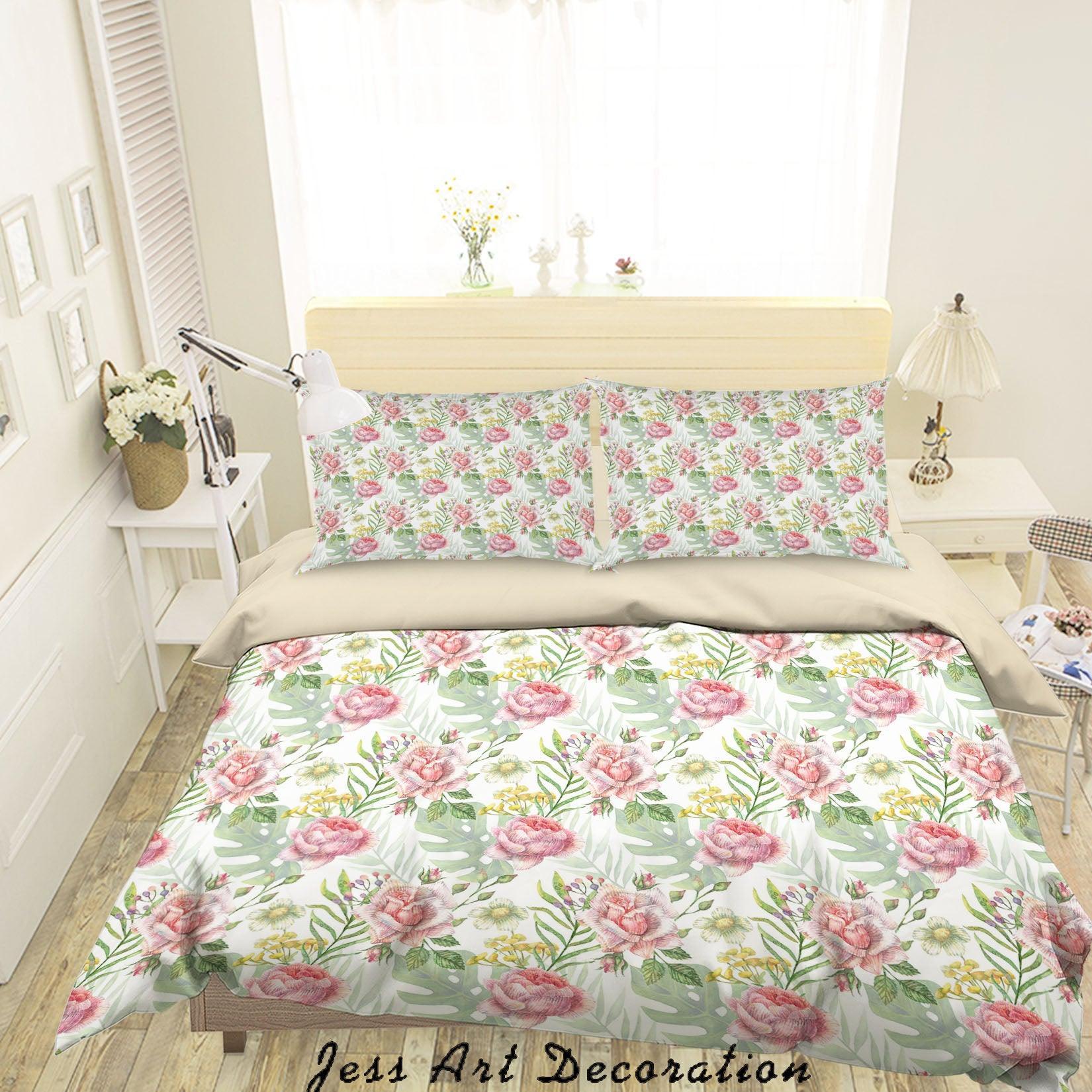 3D Red Green Floral Leaves Quilt Cover Set Bedding Set Duvet Cover Pillowcases SF- Jess Art Decoration